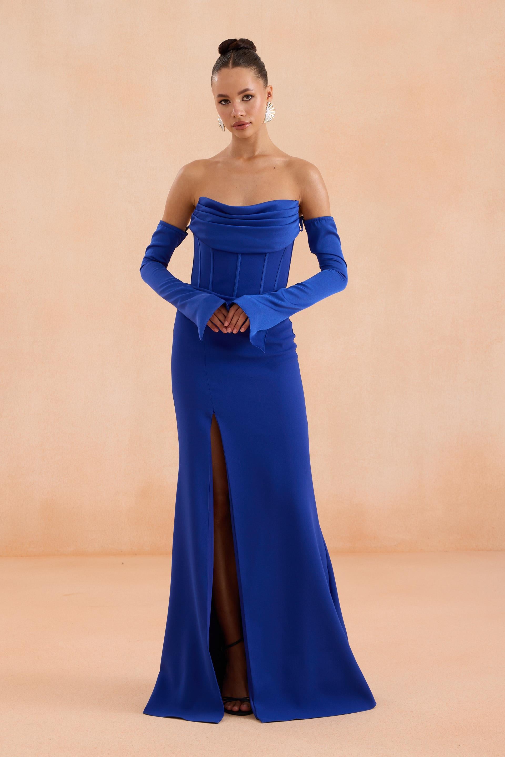 58571-25CARMENCarmen Saks Eldivenli Yırtmaçlı Krep Abiye Elbise