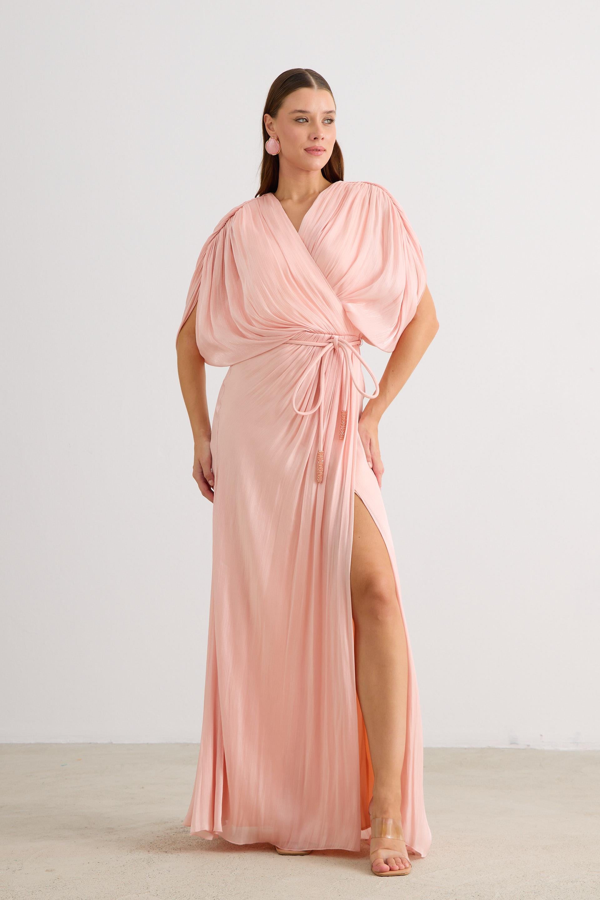 58574-23CARMENCarmen Pudra Yırtmaçlı Kemerli Organze Abiye Elbise