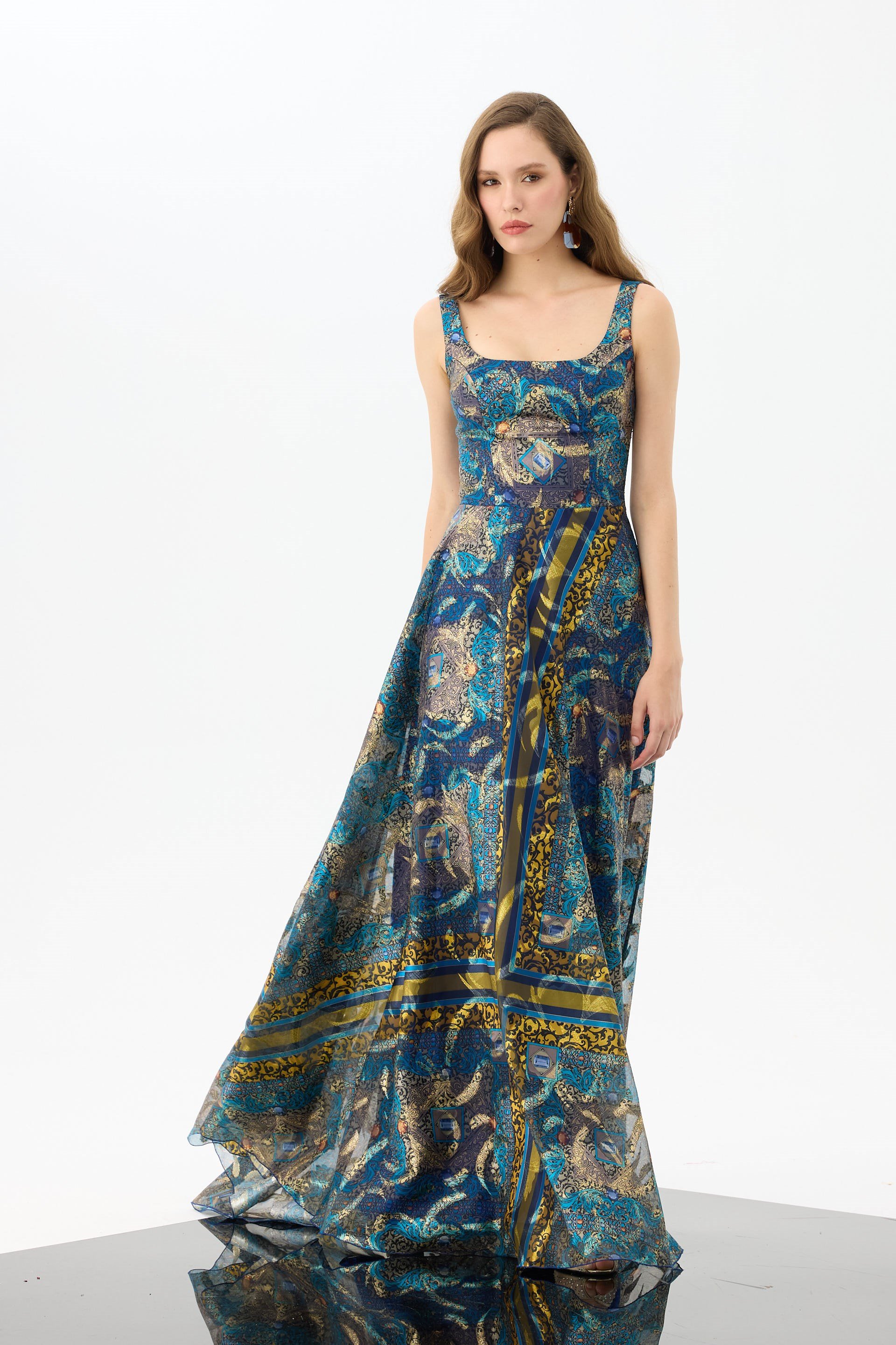 58605-25CARMENCarmen Saks Kare Yaka Jakarlı Abiye Elbise