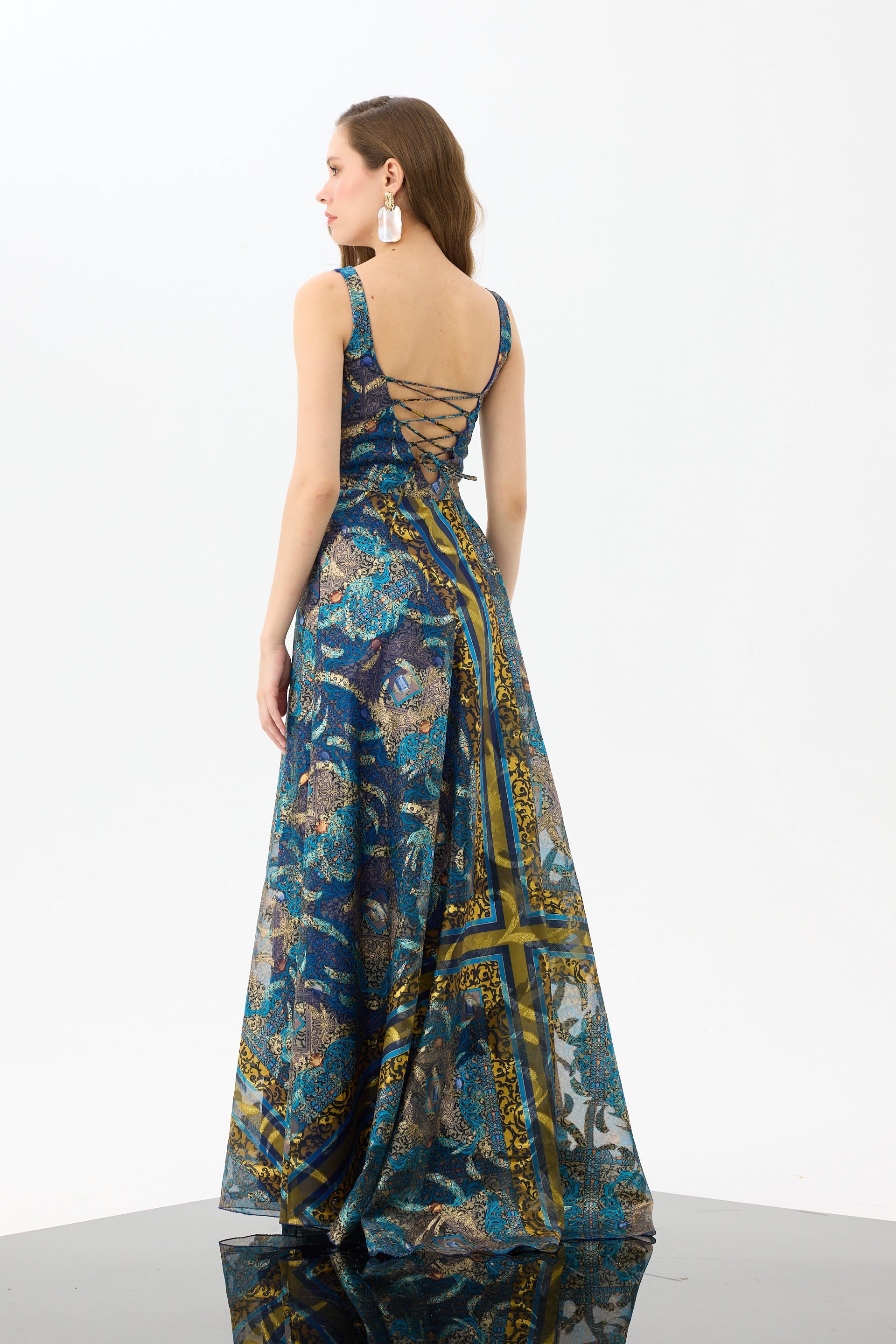 58605-25CARMENCarmen Saks Kare Yaka Jakarlı Abiye Elbise