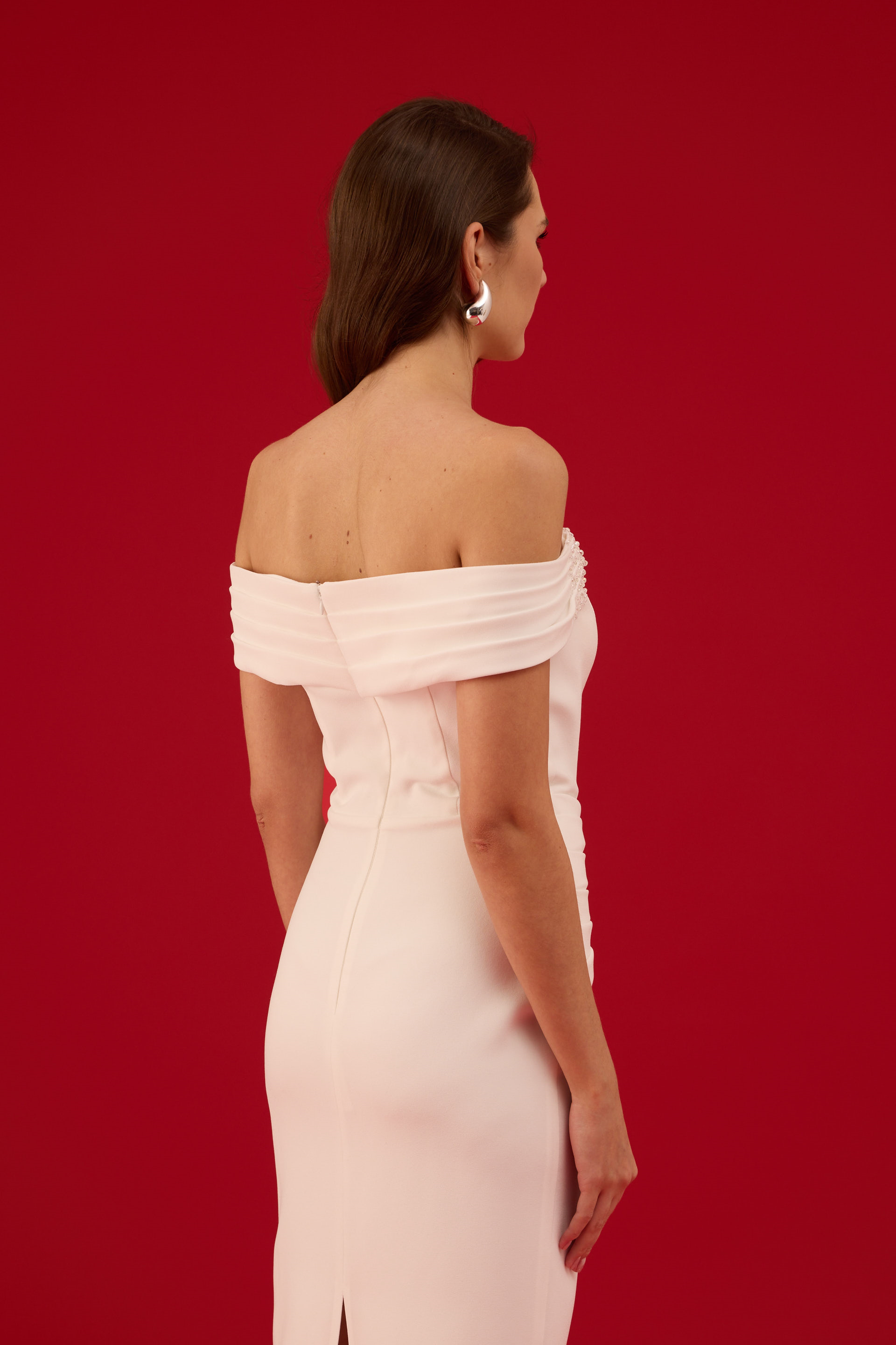 58658-2CARMENCarmen Beyaz İşlemeli Krep Söz Elbisesi Nikah Elbisesi