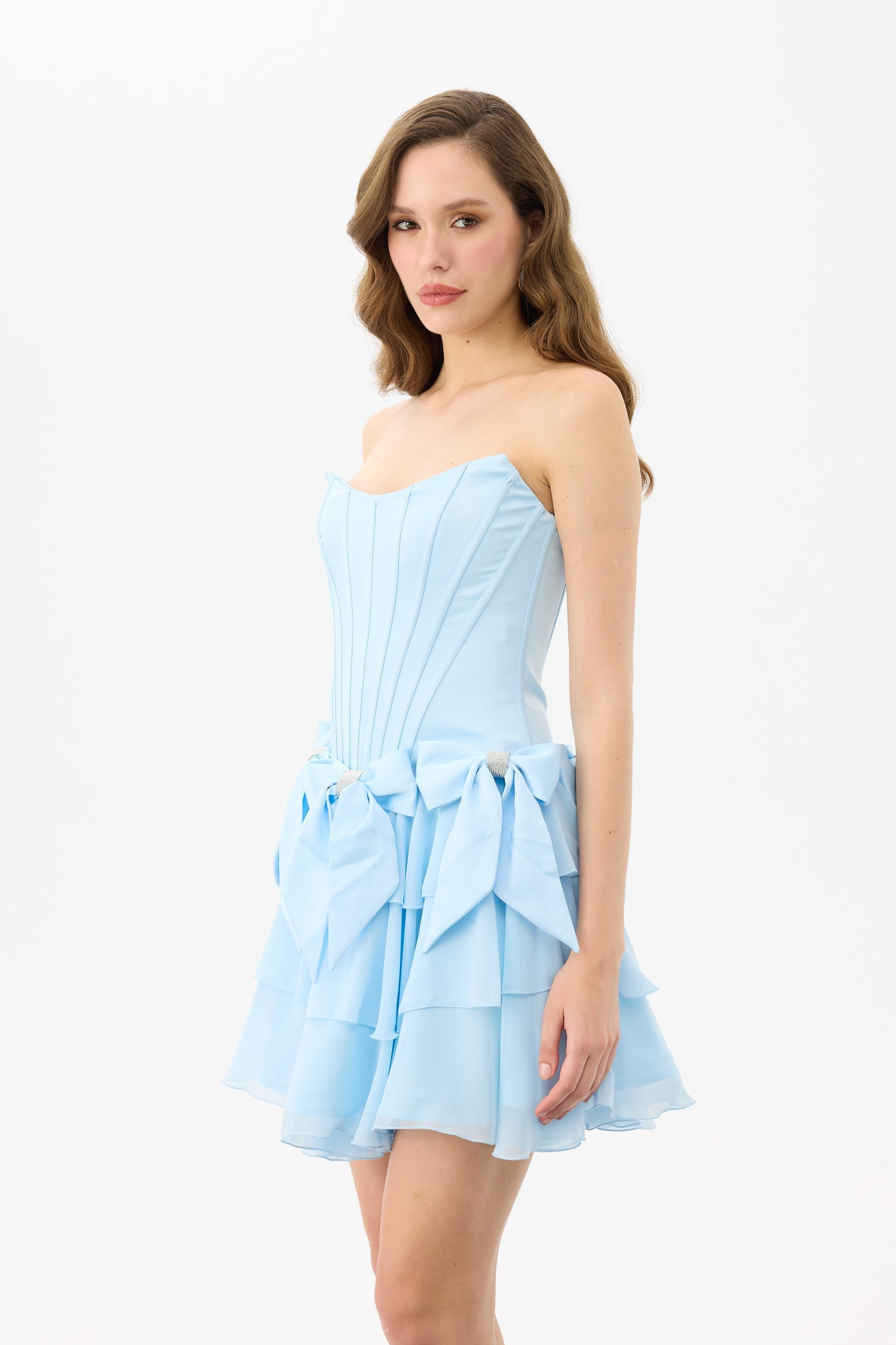 58663-1CARMENCarmen Bebe Mavi Taşlı Straplez Saten Abiye Elbise