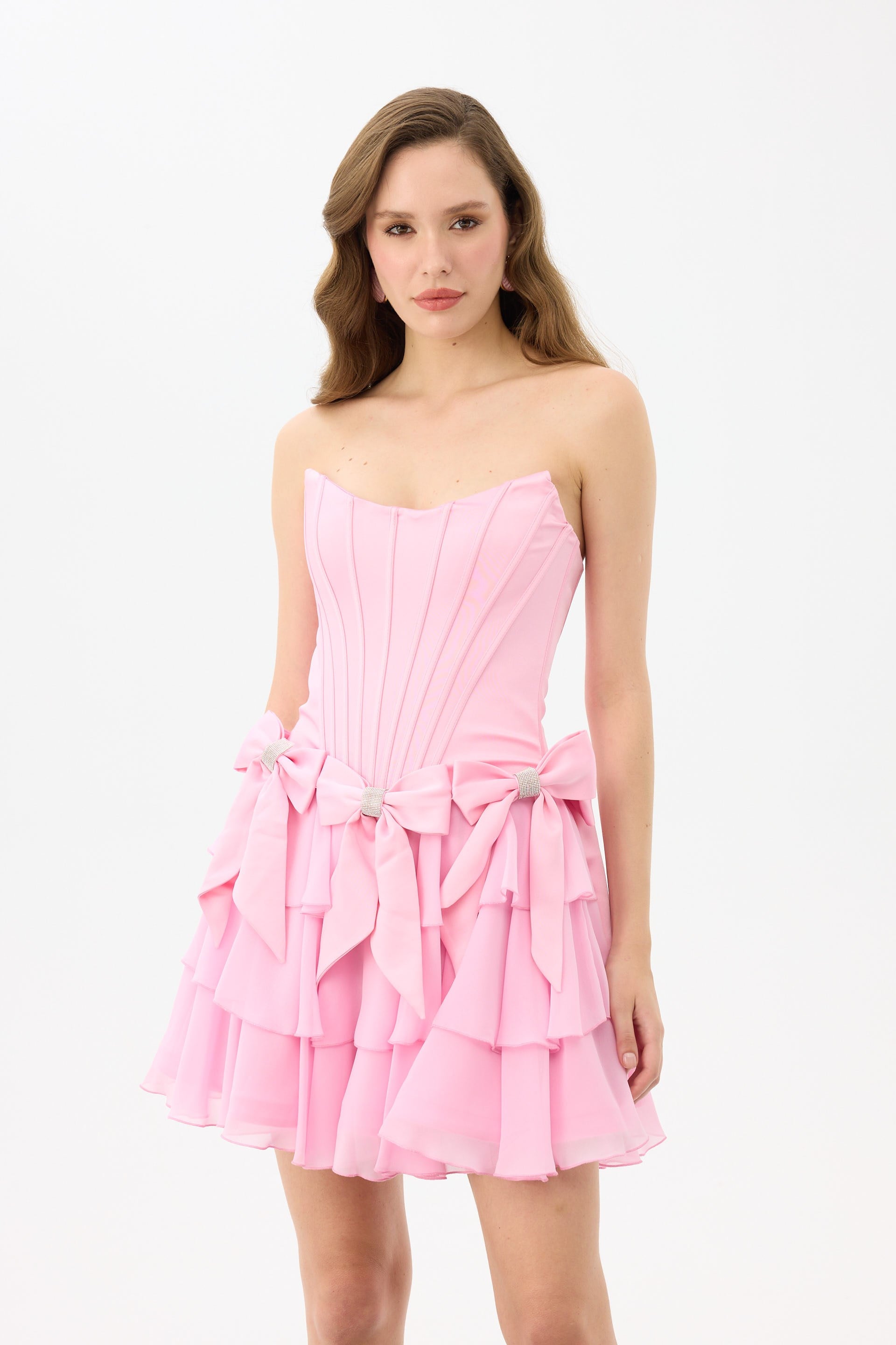 58663-22CARMENCarmen Pembe Taşlı Straplez Saten Abiye Elbise