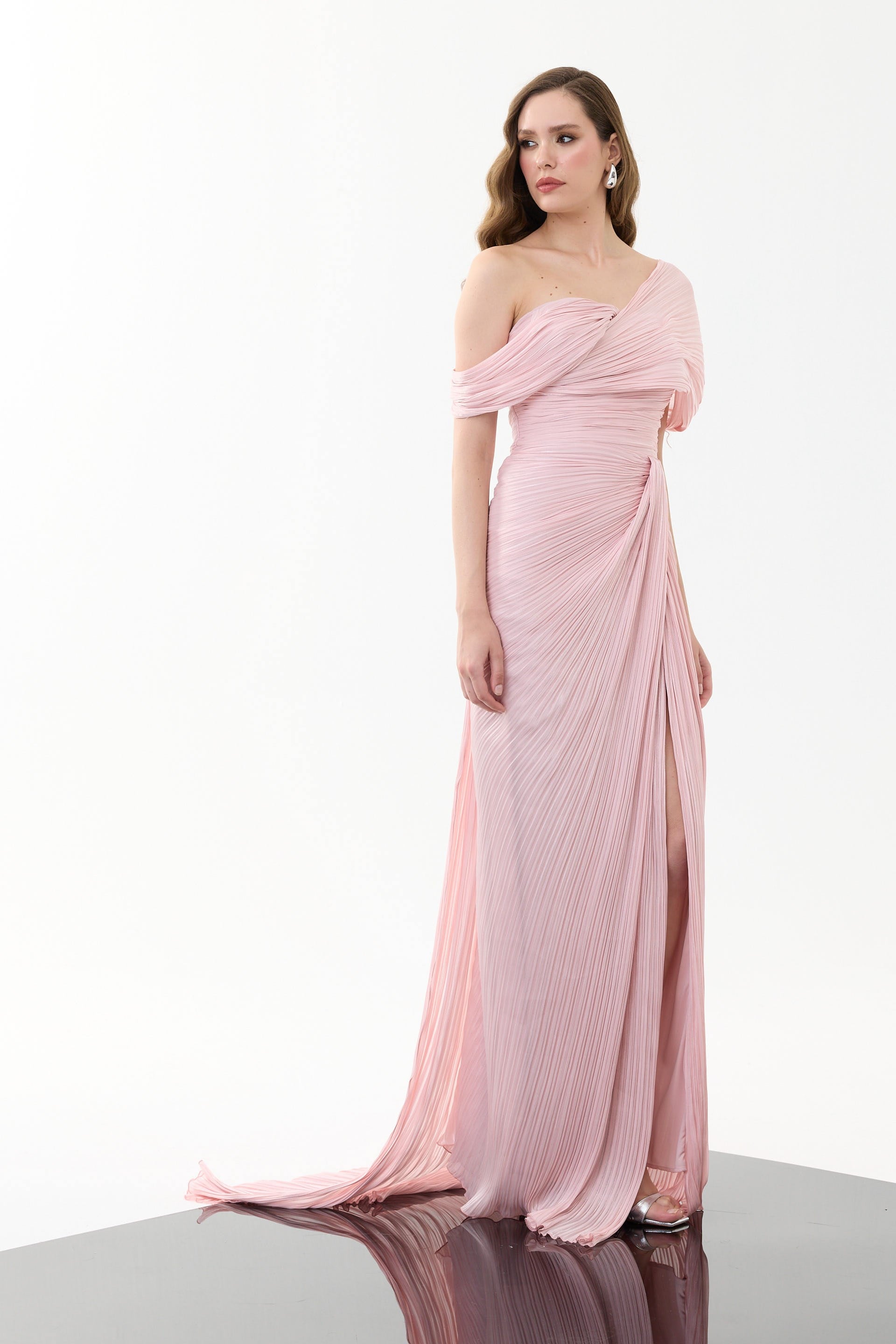 58698-23CARMENCarmen Pudra Tek Kol Pliseli Organze Abiye Elbise