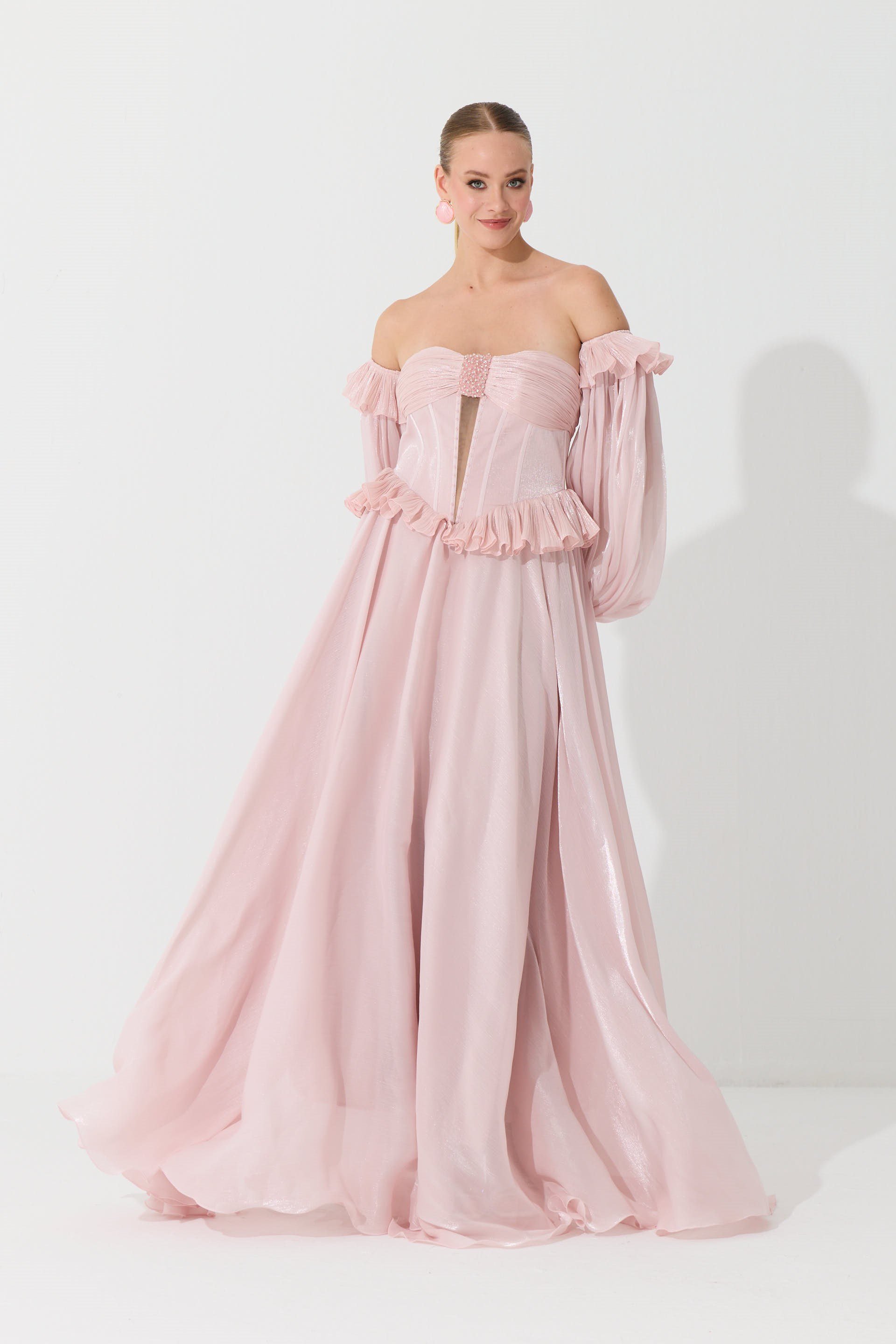 58740-23CARMENCarmen Pudra Straplez Taş Detaylı Organze Abiye Elbise