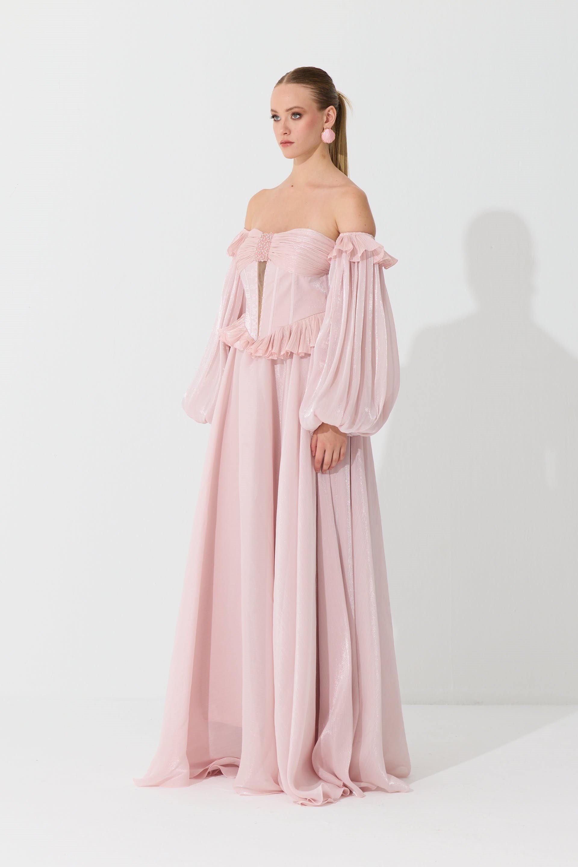 58740-23CARMENCarmen Pudra Straplez Taş Detaylı Organze Abiye Elbise