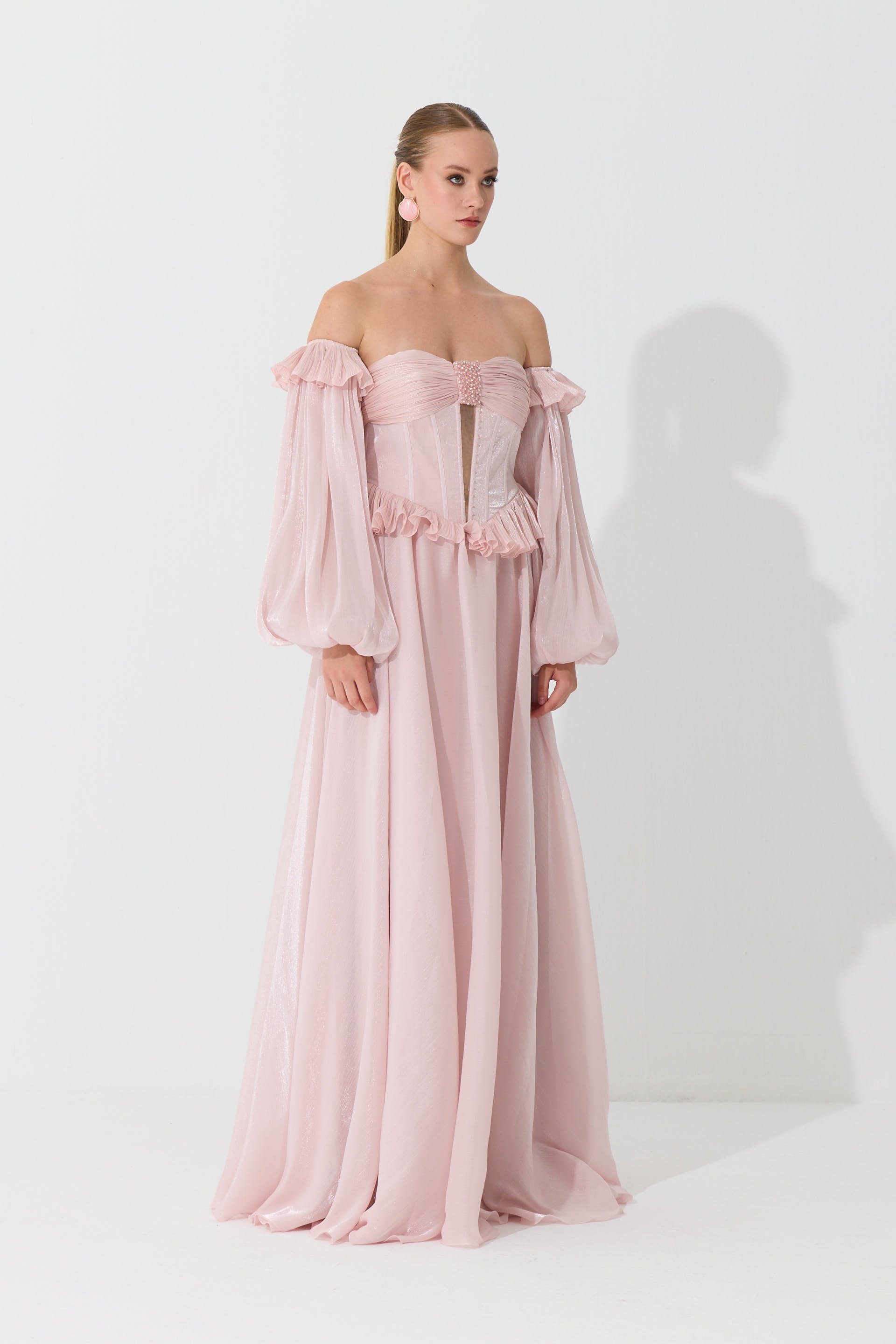 58740-23CARMENCarmen Pudra Straplez Taş Detaylı Organze Abiye Elbise