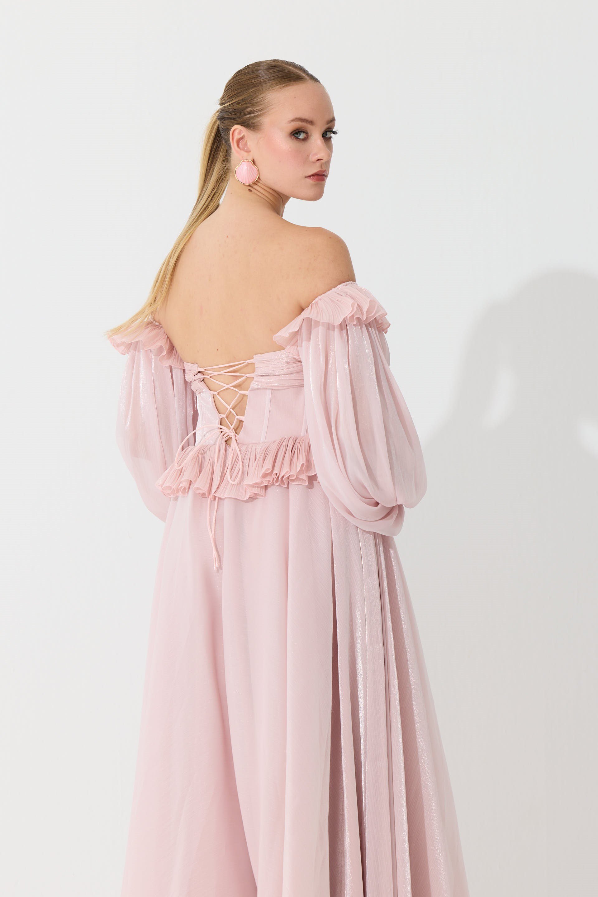 58740-23CARMENCarmen Pudra Straplez Taş Detaylı Organze Abiye Elbise
