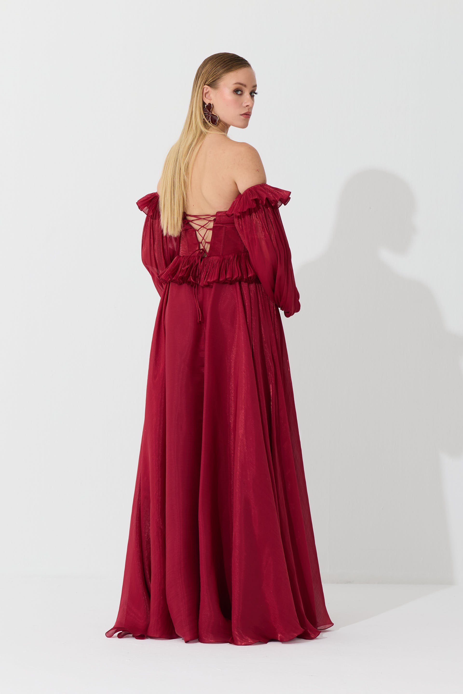 58740-3CARMENCarmen Bordo Straplez Taş Detaylı Organze Abiye Elbise