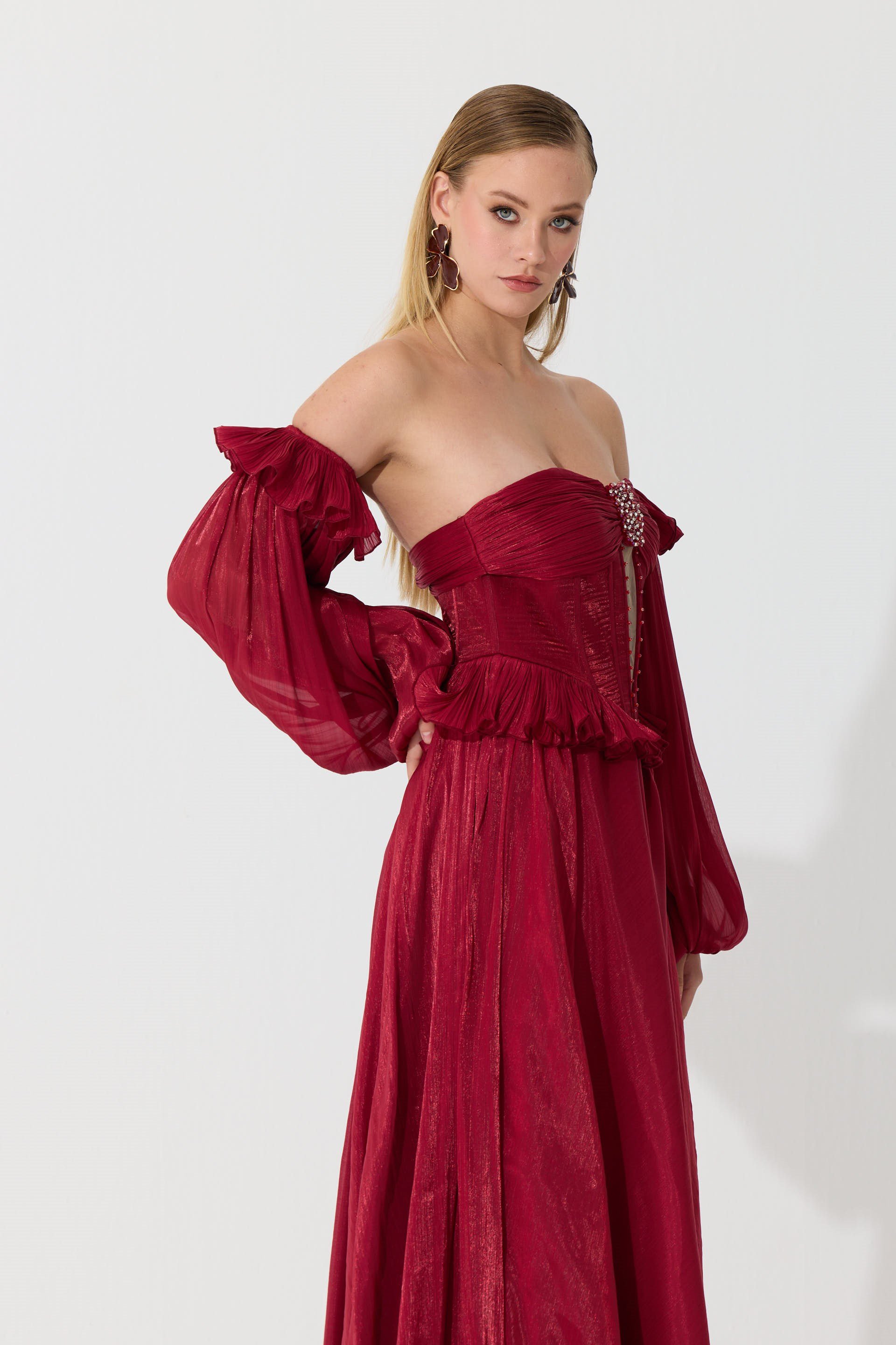 58740-3CARMENCarmen Bordo Straplez Taş Detaylı Organze Abiye Elbise