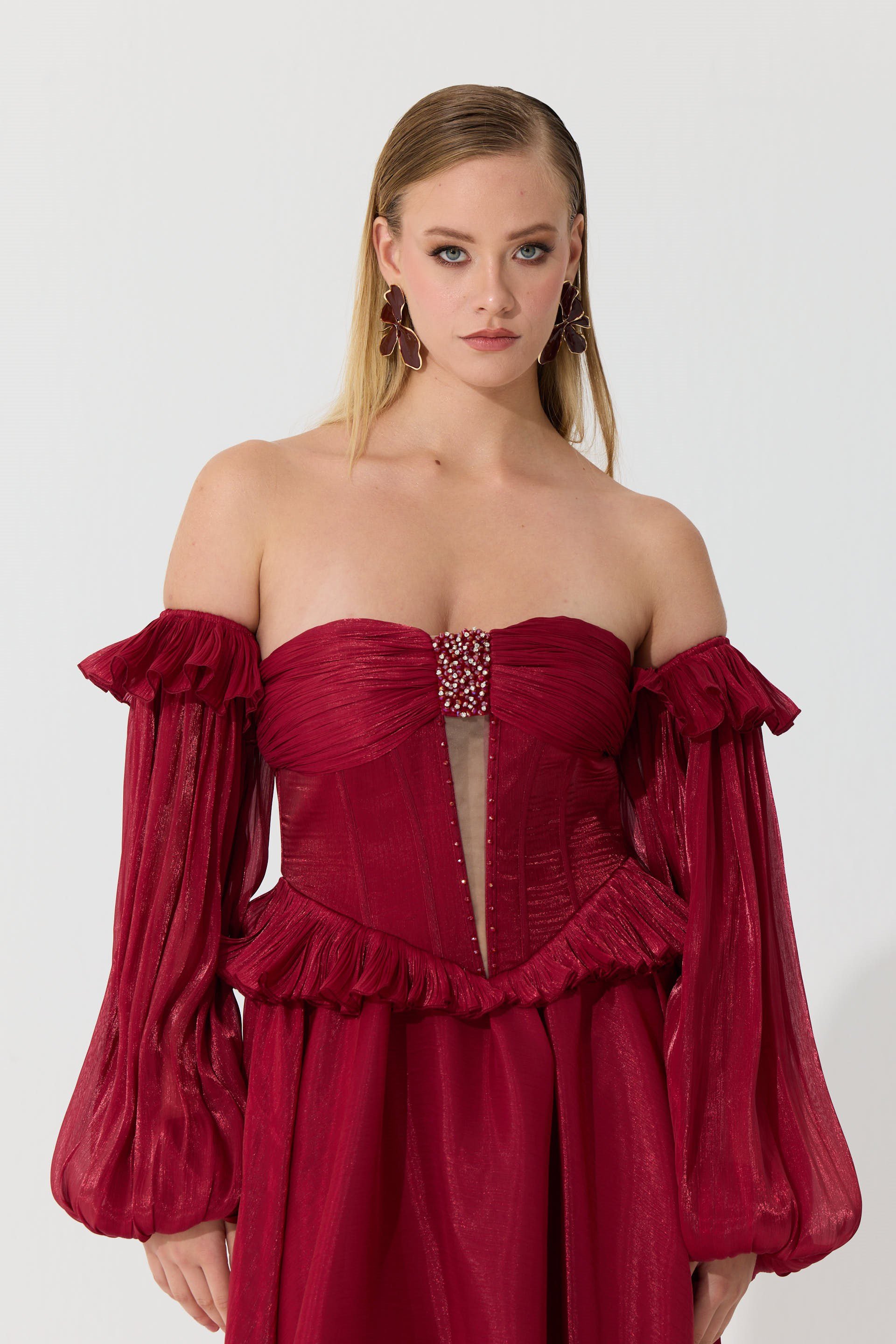 58740-3CARMENCarmen Bordo Straplez Taş Detaylı Organze Abiye Elbise