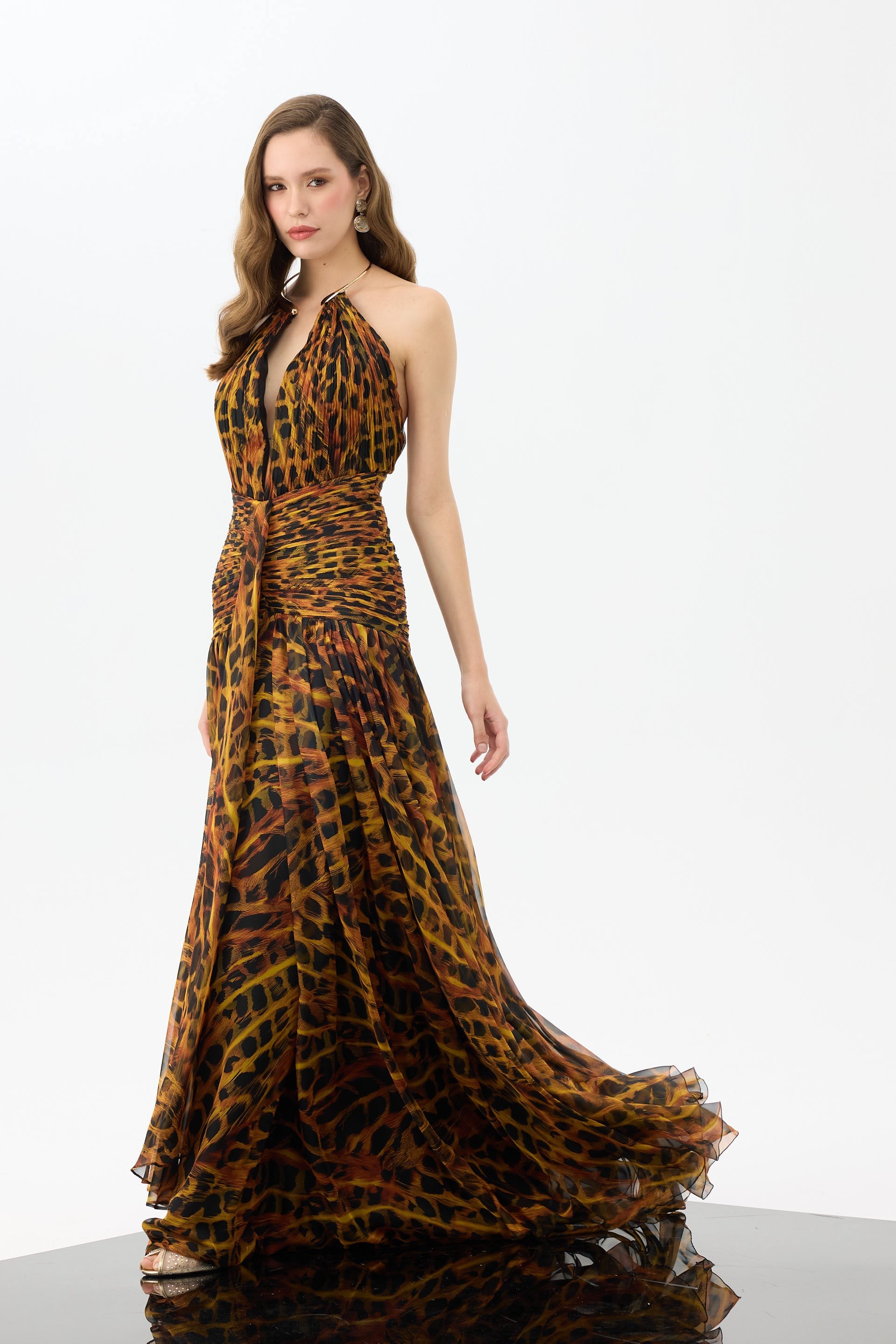 58745-27CARMENCarmen Siyah Aksesuarlı Leopar Desenli Abiye Elbise