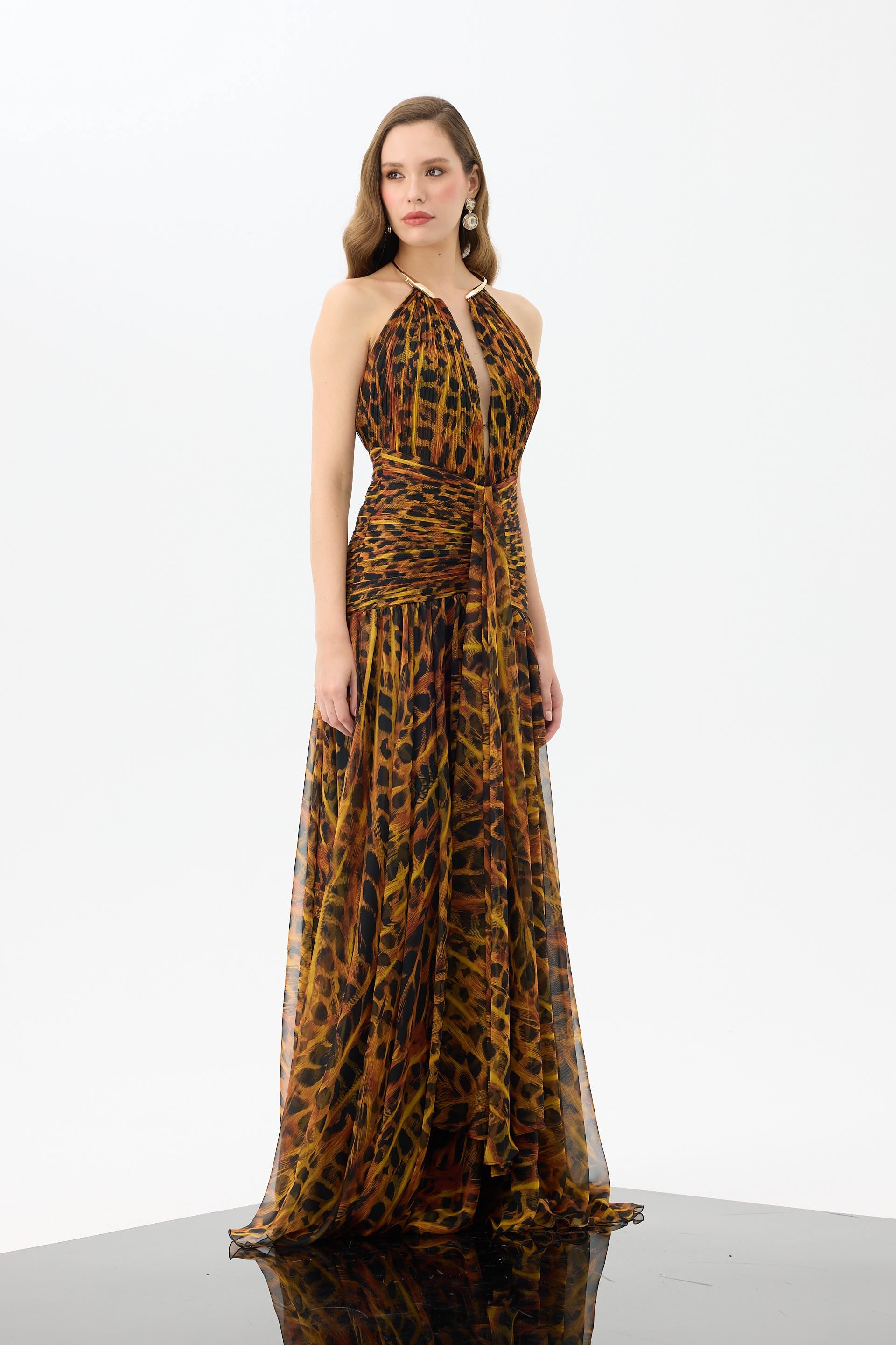 58745-27CARMENCarmen Siyah Aksesuarlı Leopar Desenli Abiye Elbise
