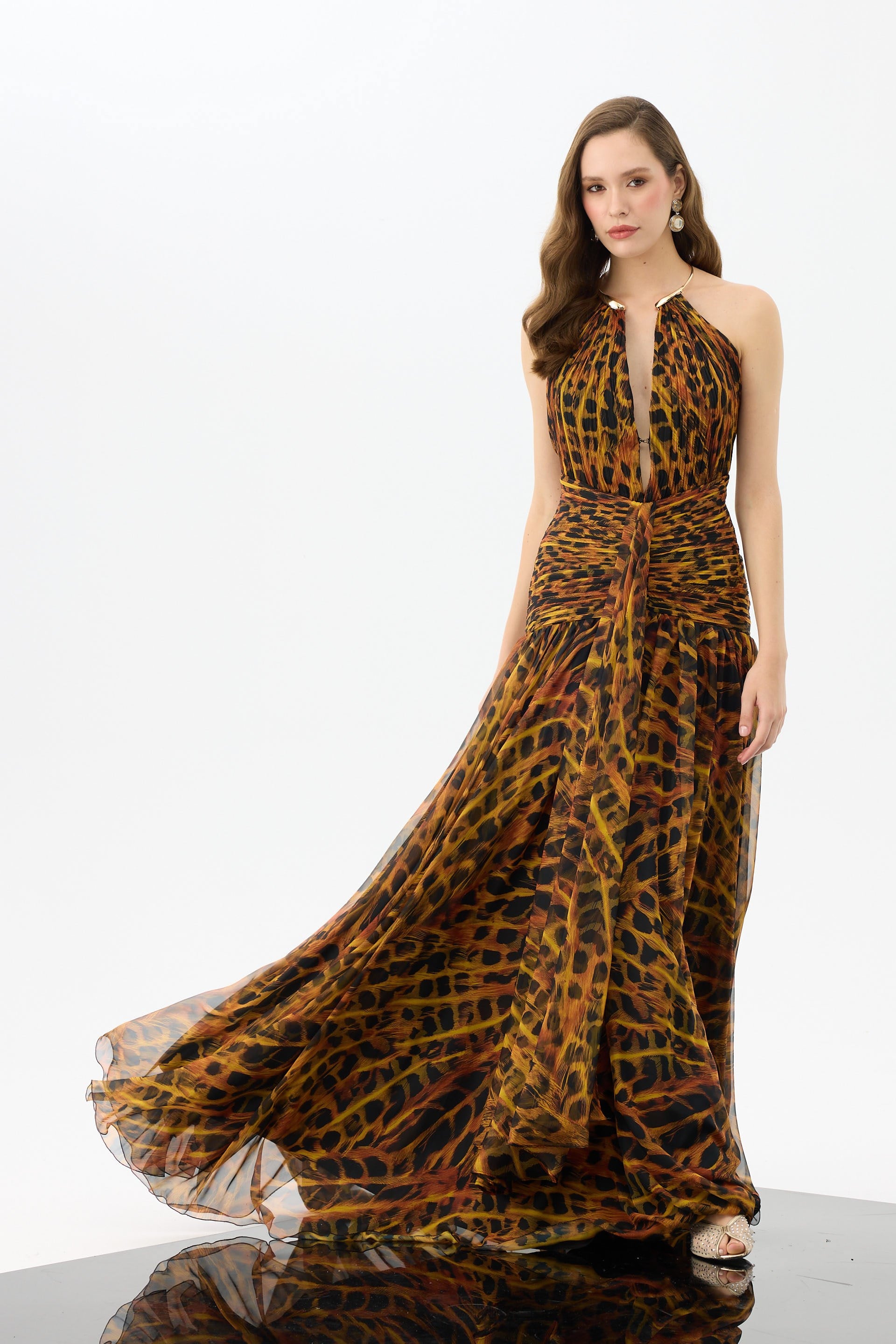 58745-27CARMENCarmen Siyah Aksesuarlı Leopar Desenli Abiye Elbise