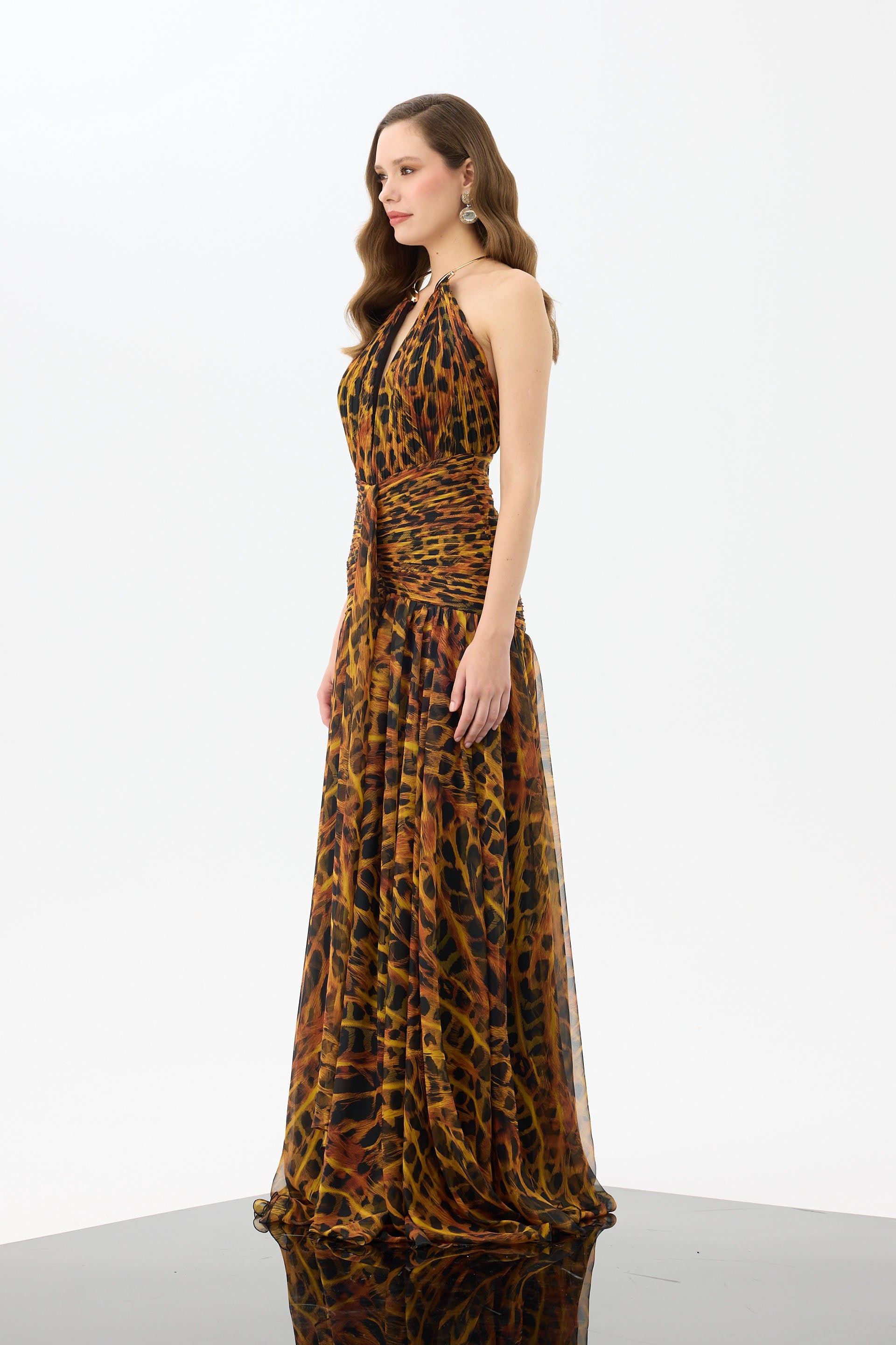 58745-27CARMENCarmen Siyah Aksesuarlı Leopar Desenli Abiye Elbise