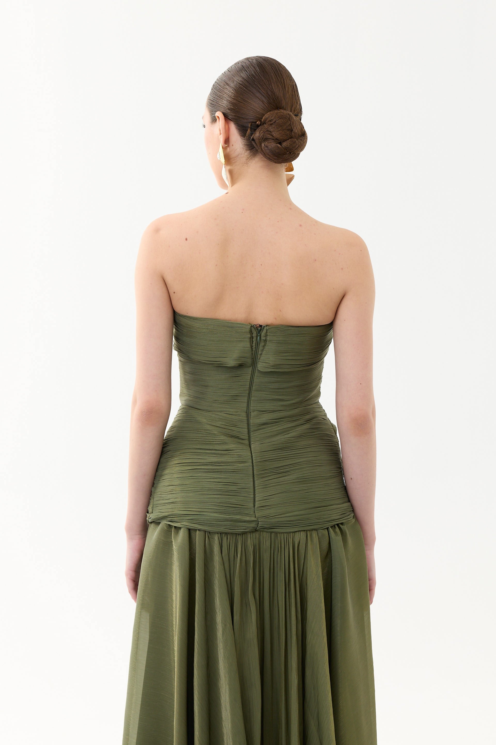 58752-12CARMENCarmen Haki Straplez Yırtmaçlı Organze Abiye Elbise