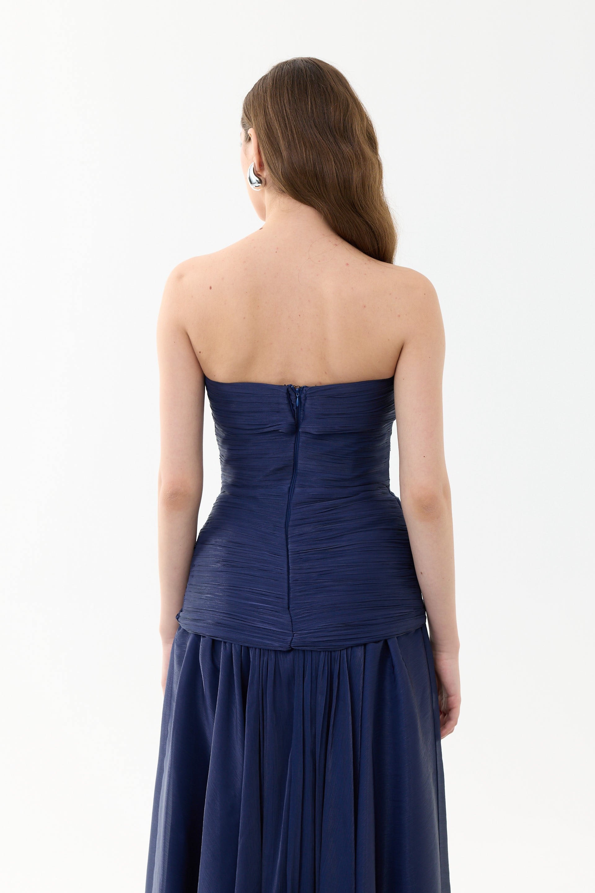 58752-14CARMENCarmen Lacivert Straplez Yırtmaçlı Organze Abiye Elbise