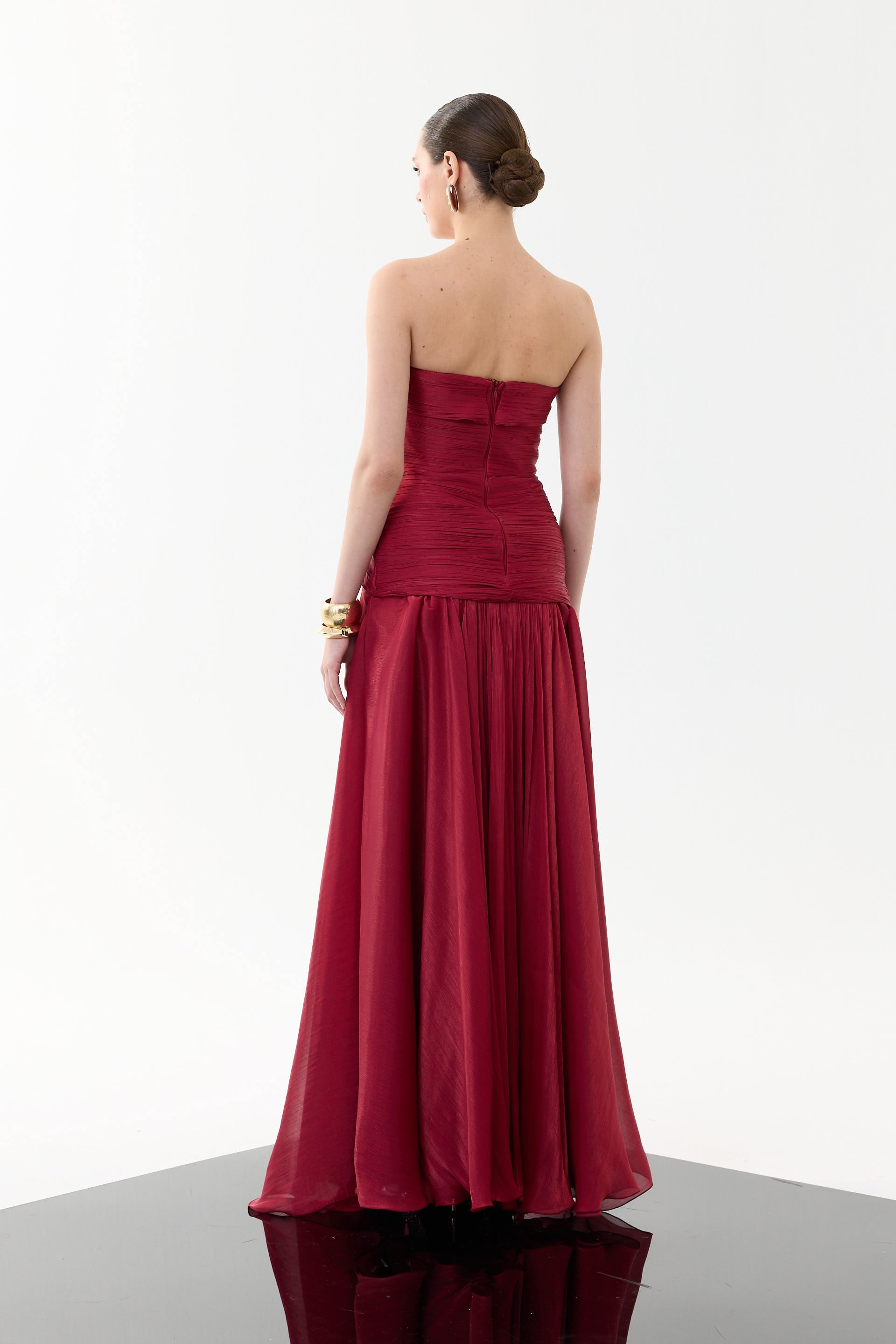 58752-3CARMENCarmen Bordo Straplez Yırtmaçlı Organze Abiye Elbise