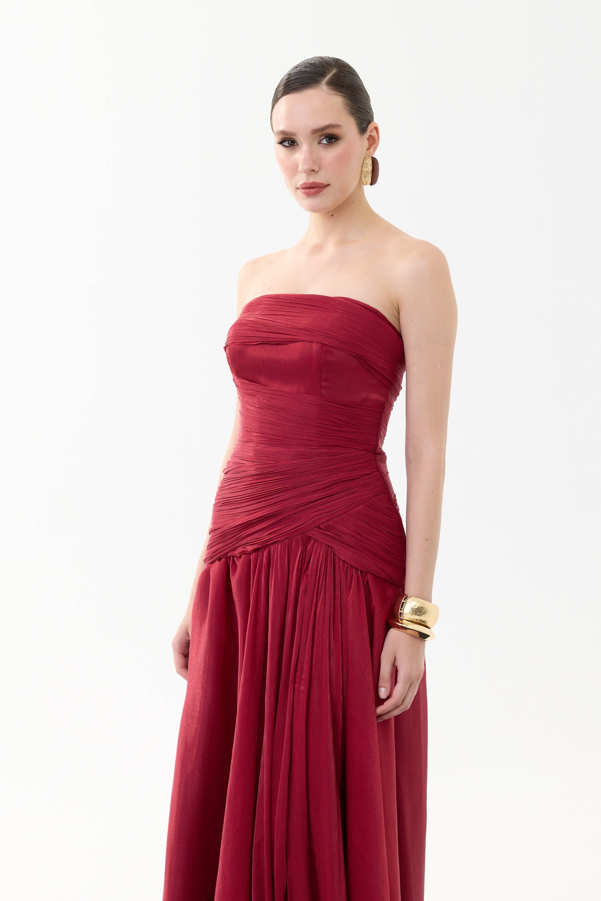 58752-3CARMENCarmen Bordo Straplez Yırtmaçlı Organze Abiye Elbise