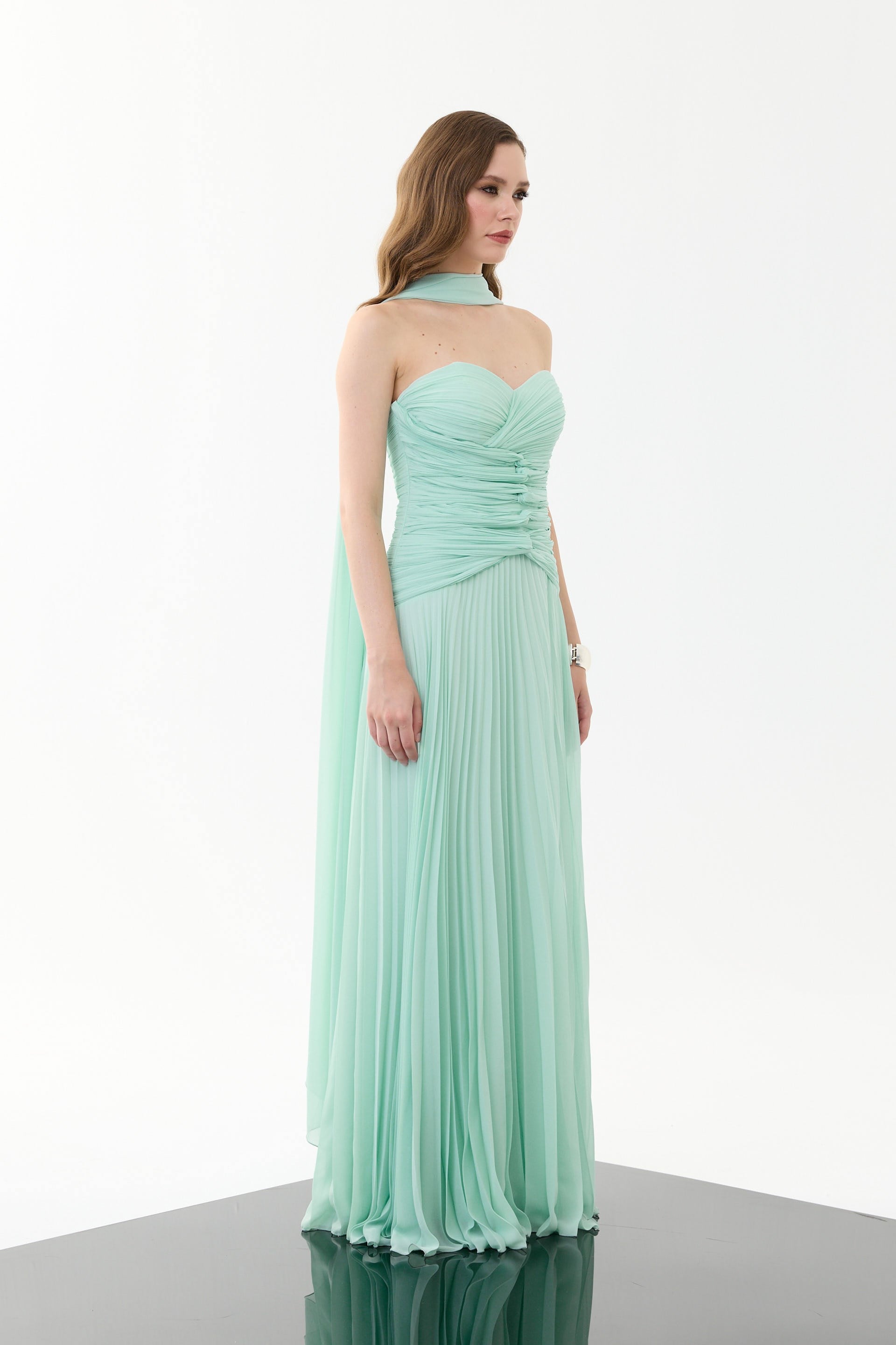 58757-18CARMENCarmen Mint Straplez Şallı Şifon Abiye Elbise
