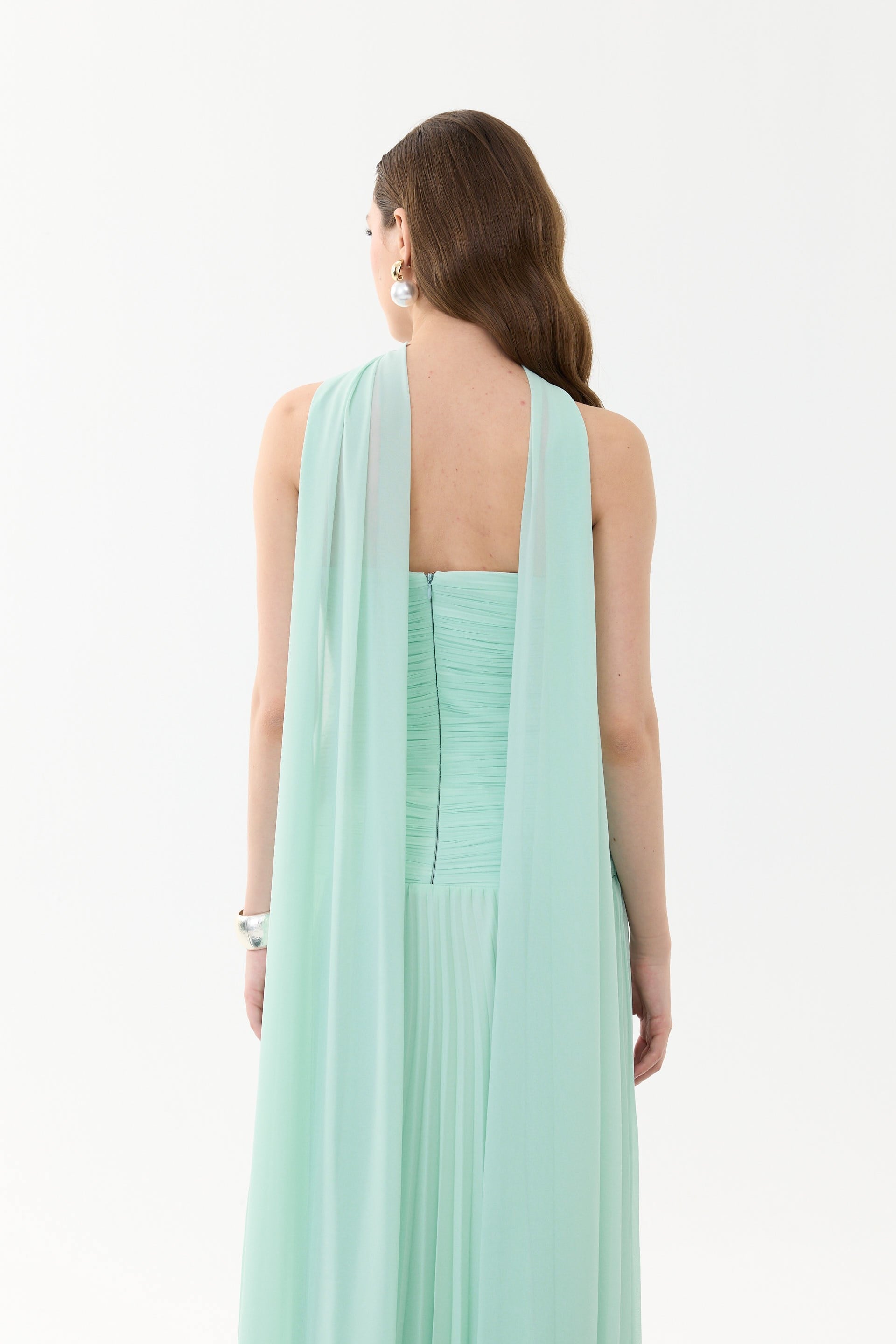 58757-18CARMENCarmen Mint Straplez Şallı Şifon Abiye Elbise
