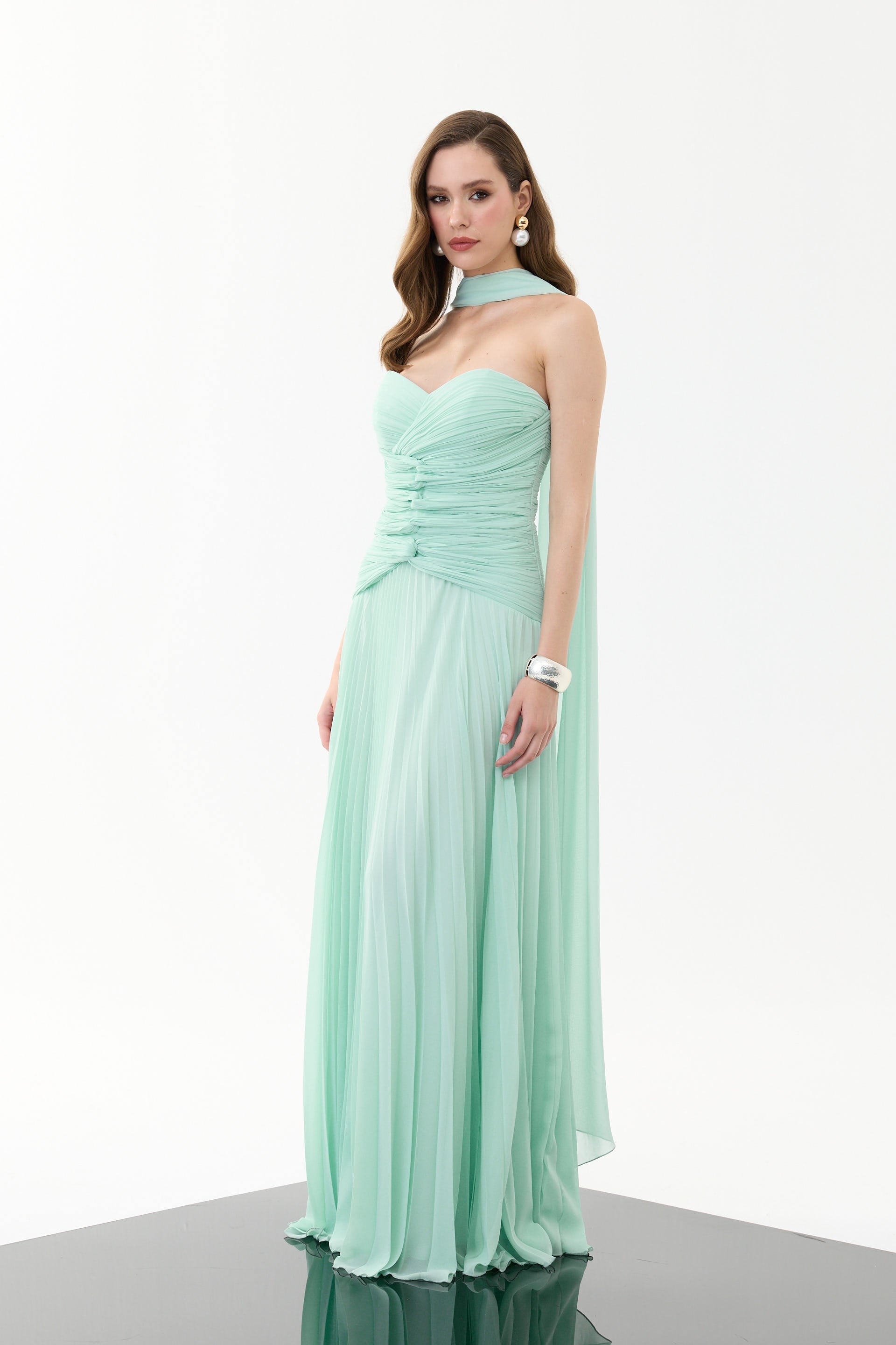 58757-18CARMENCarmen Mint Straplez Şallı Şifon Abiye Elbise
