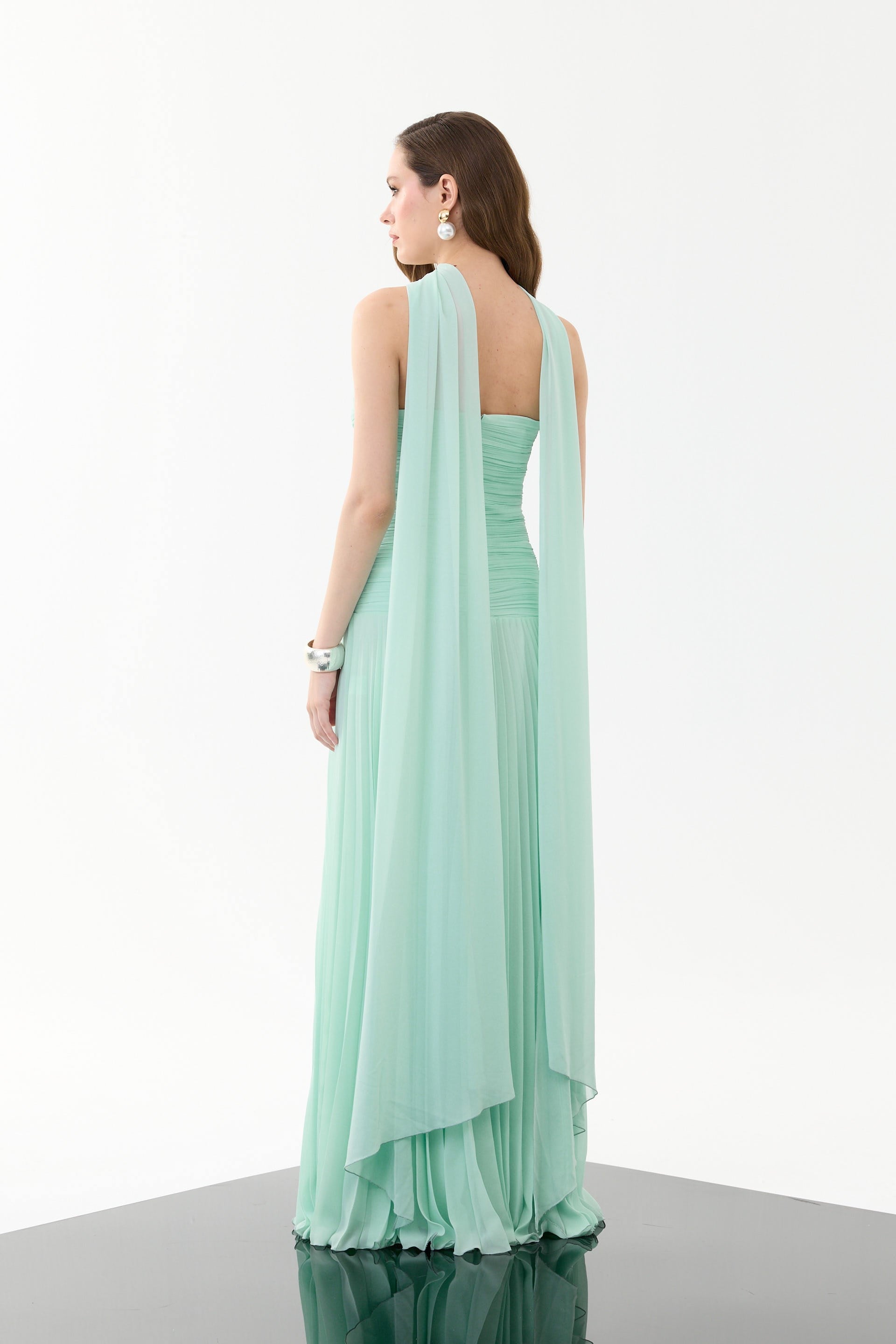 58757-18CARMENCarmen Mint Straplez Şallı Şifon Abiye Elbise
