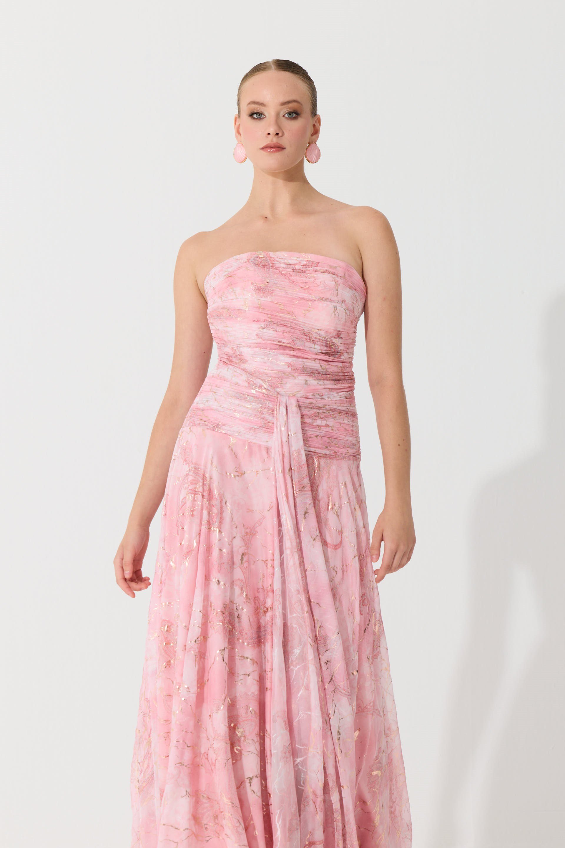 58778-23CARMENCarmen Pudra Straplez Desenli Abiye Elbise