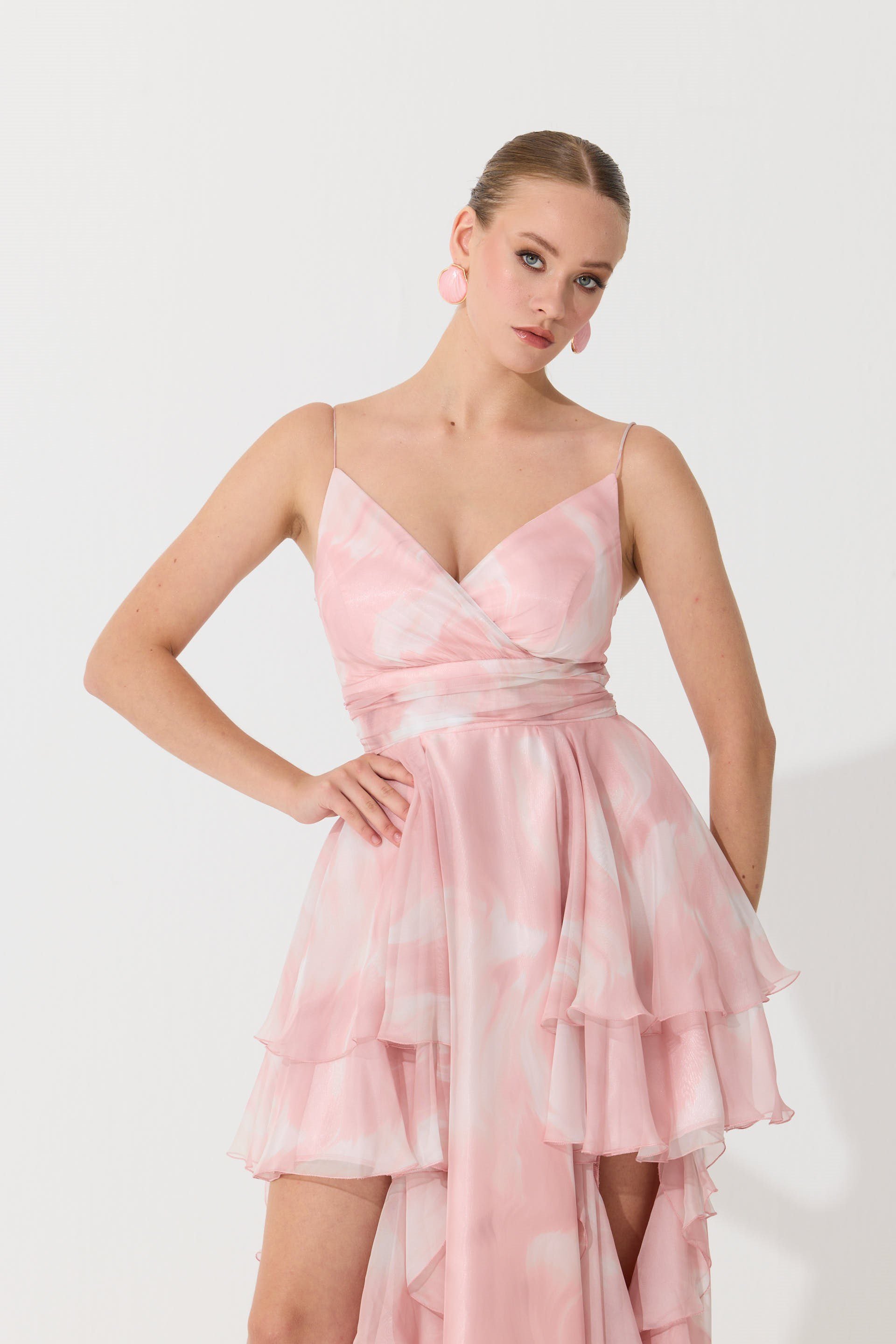 55886-23Eva FashionEva Fashion Pudra Askılı Yırtmaçlı Desenli Abiye Elbise