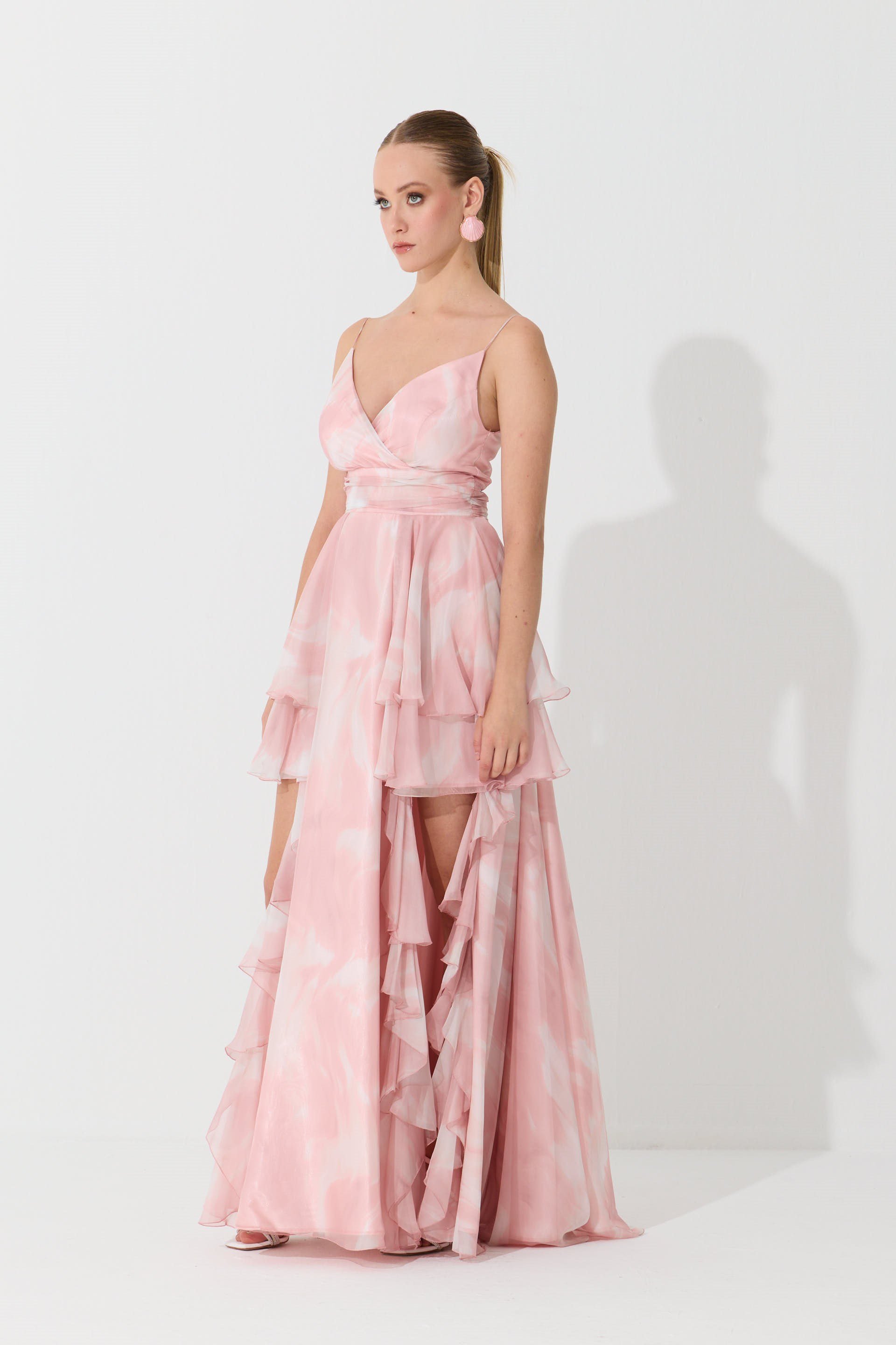 55886-23Eva FashionEva Fashion Pudra Askılı Yırtmaçlı Desenli Abiye Elbise
