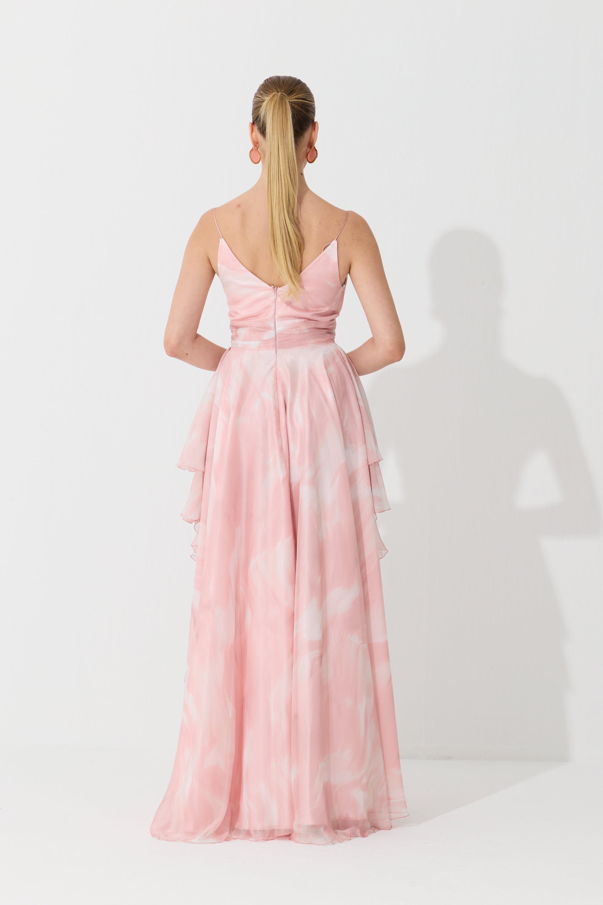 55886-23Eva FashionEva Fashion Pudra Askılı Yırtmaçlı Desenli Abiye Elbise