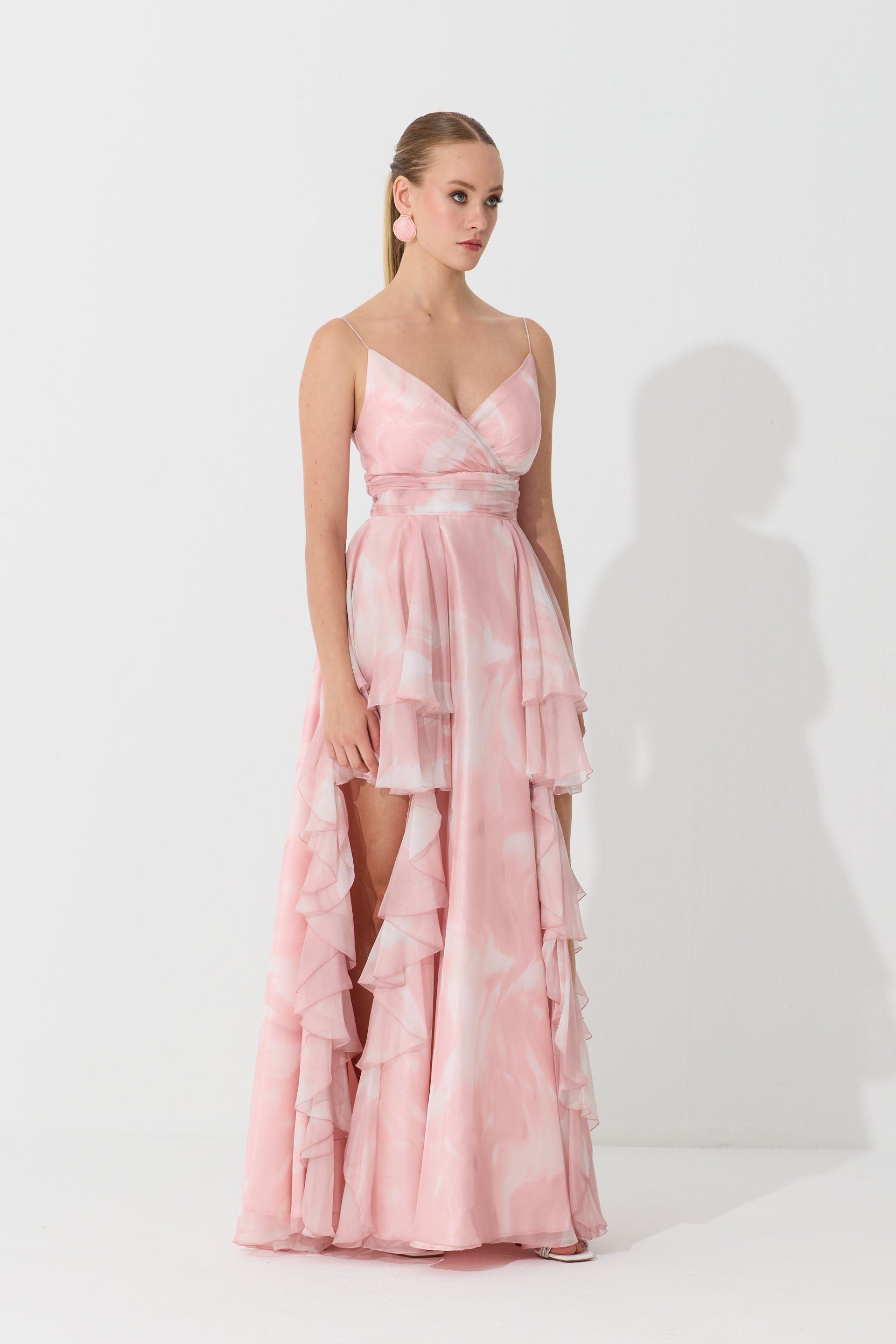 55886-23Eva FashionEva Fashion Pudra Askılı Yırtmaçlı Desenli Abiye Elbise