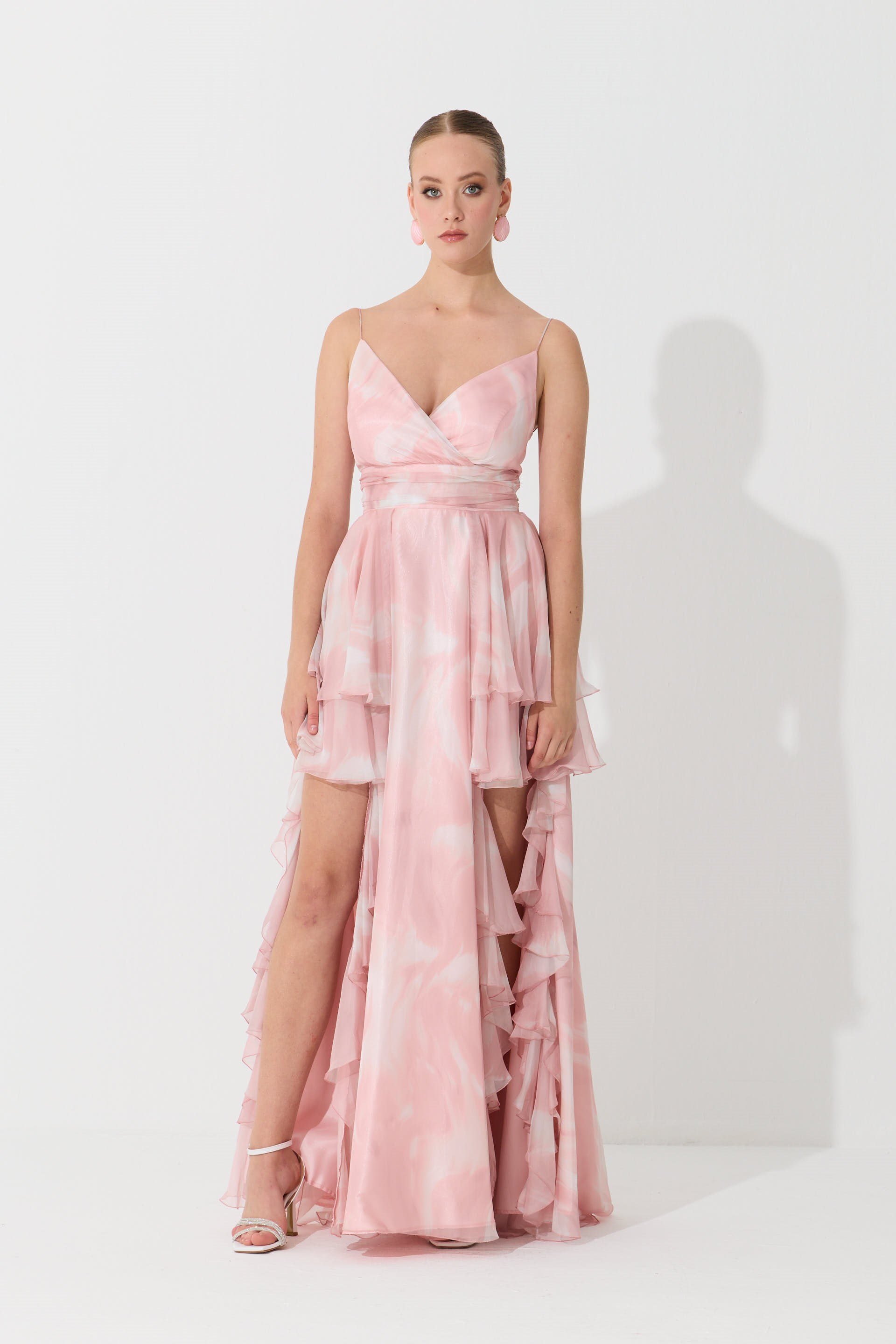 55886-23Eva FashionEva Fashion Pudra Askılı Yırtmaçlı Desenli Abiye Elbise