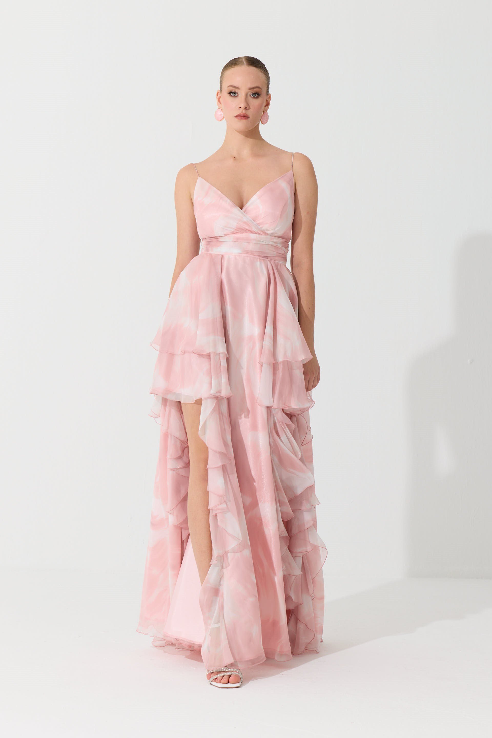 55886-23Eva FashionEva Fashion Pudra Askılı Yırtmaçlı Desenli Abiye Elbise