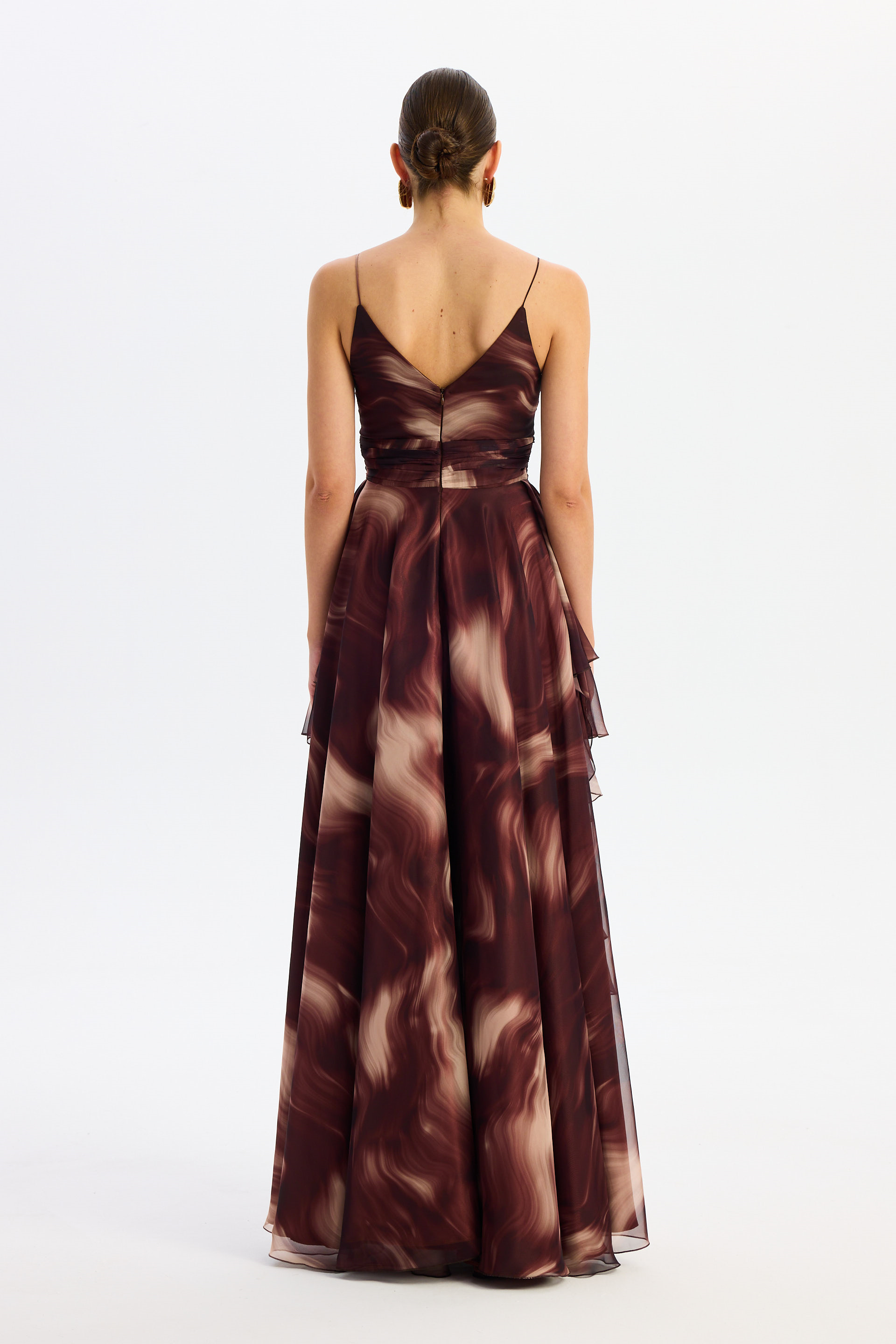 55886-38Eva FashionEva Fashion Kahve Askılı Yırtmaçlı Desenli Abiye Elbise