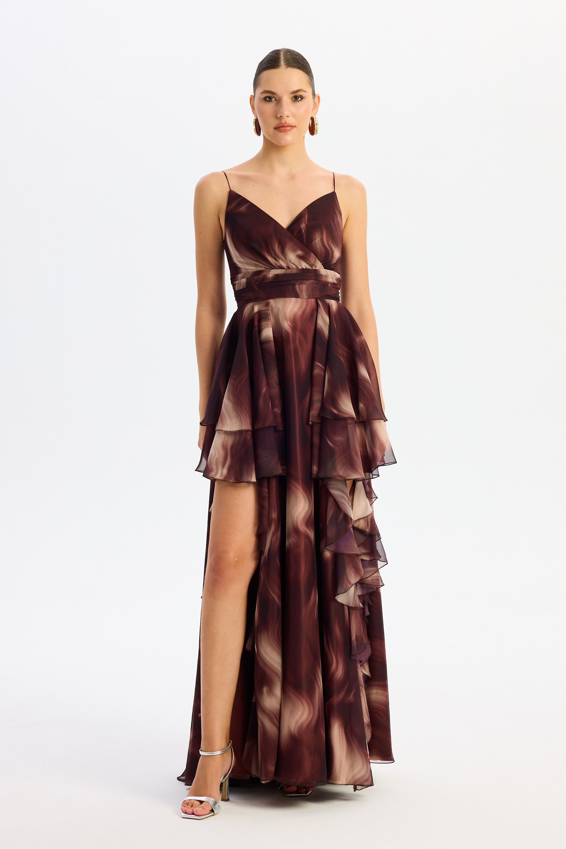 55886-38Eva FashionEva Fashion Kahve Askılı Yırtmaçlı Desenli Abiye Elbise