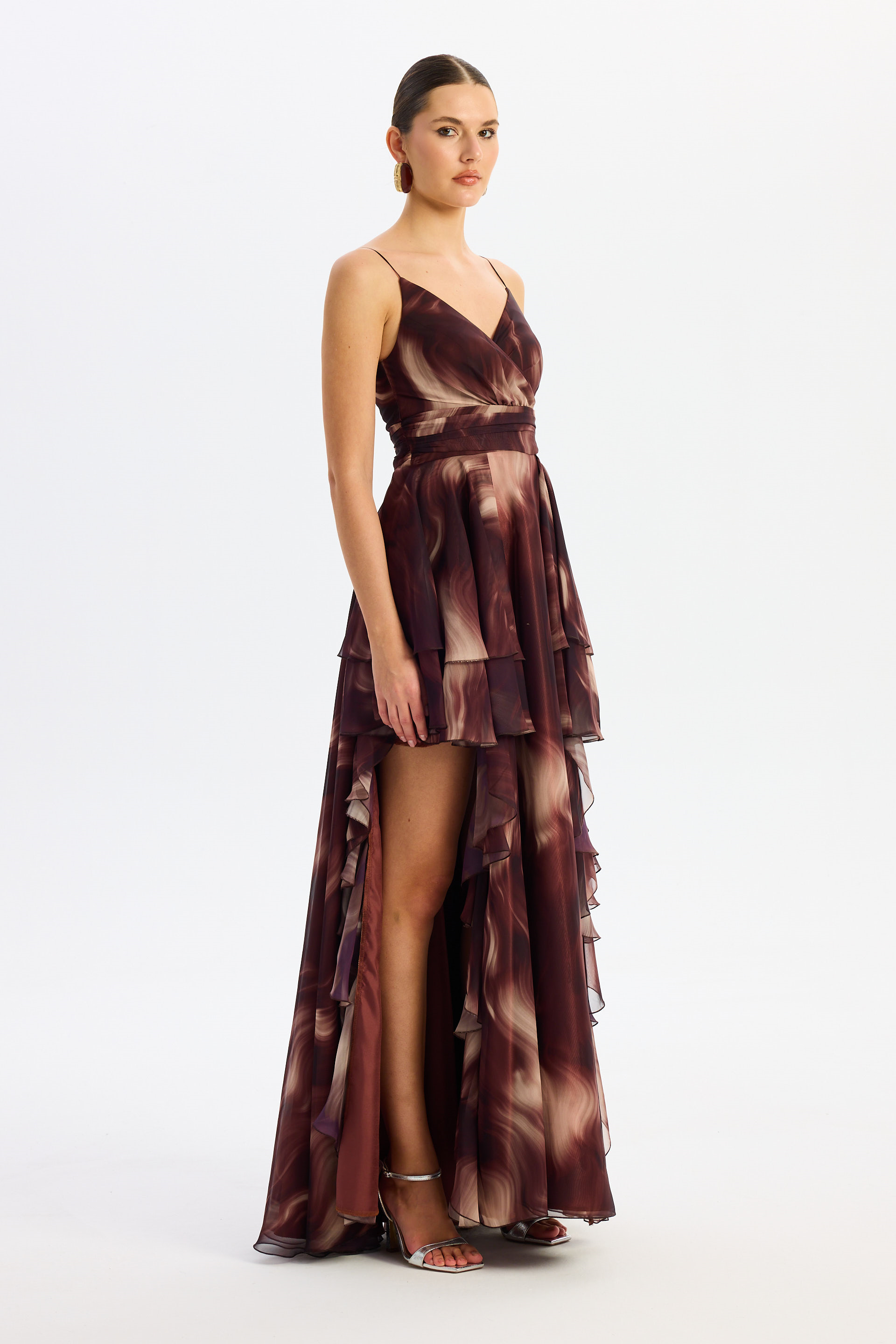 55886-38Eva FashionEva Fashion Kahve Askılı Yırtmaçlı Desenli Abiye Elbise