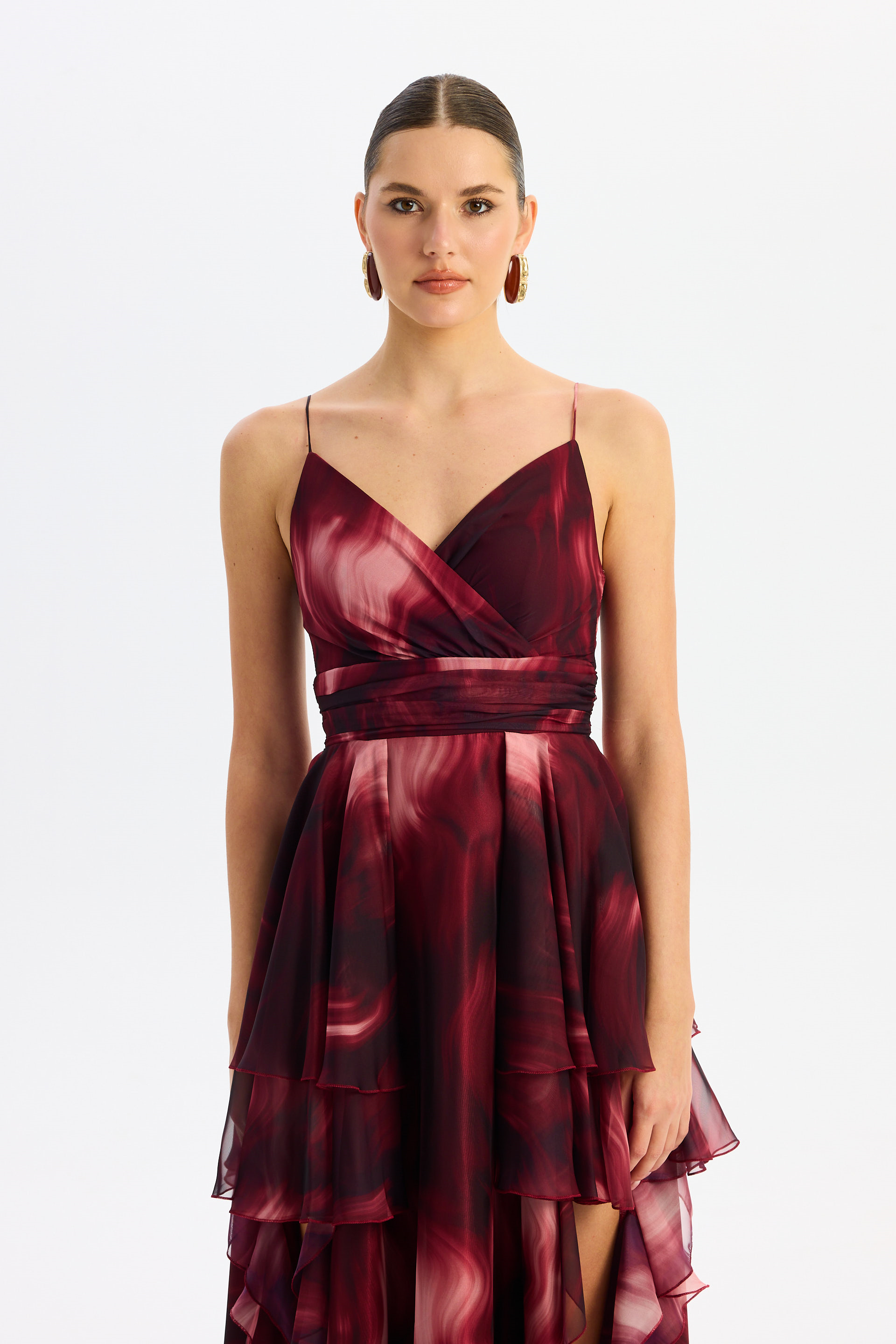 55886-3Eva FashionEva Fashion Bordo Askılı Yırtmaçlı Desenli Abiye Elbise