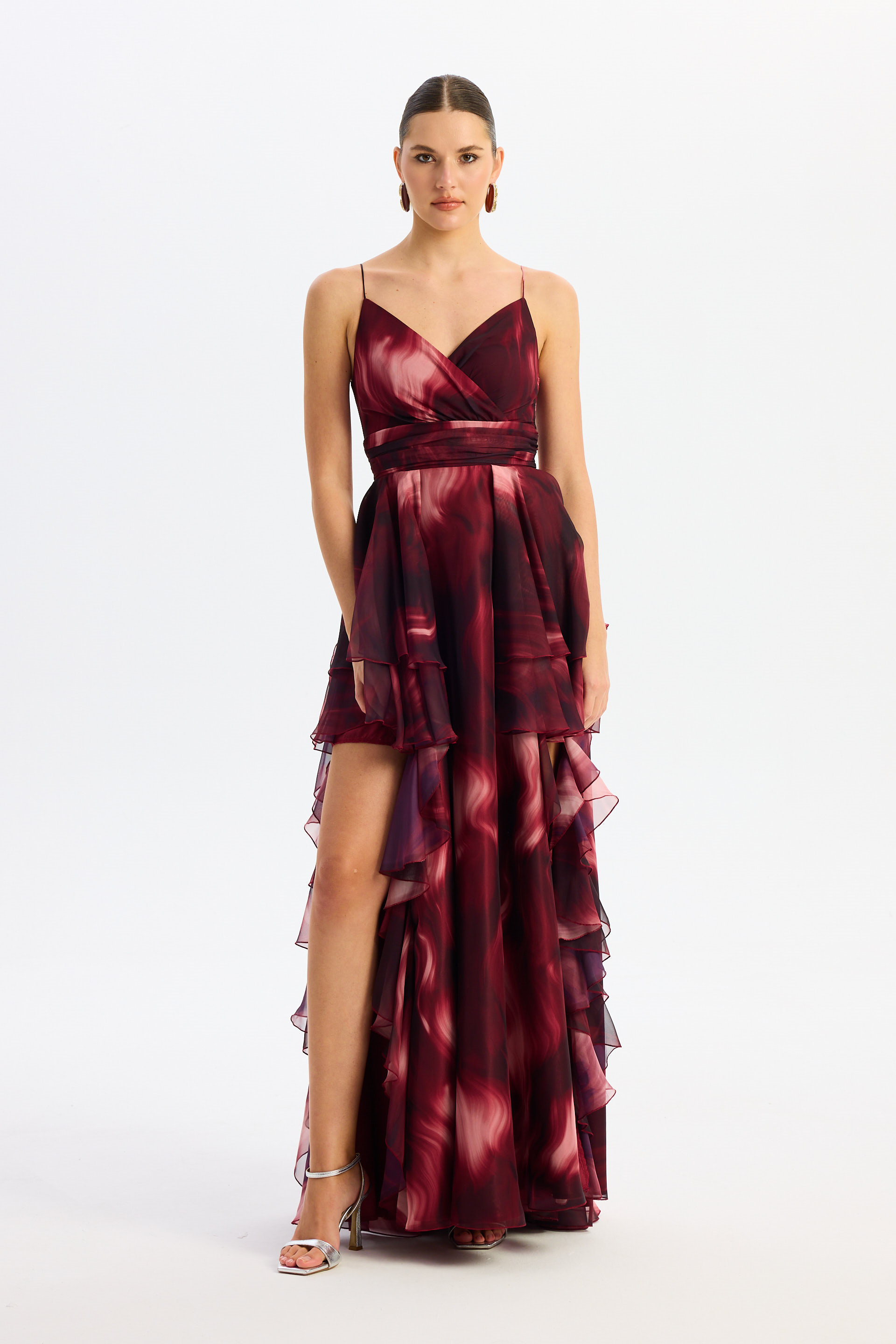 55886-3Eva FashionEva Fashion Bordo Askılı Yırtmaçlı Desenli Abiye Elbise
