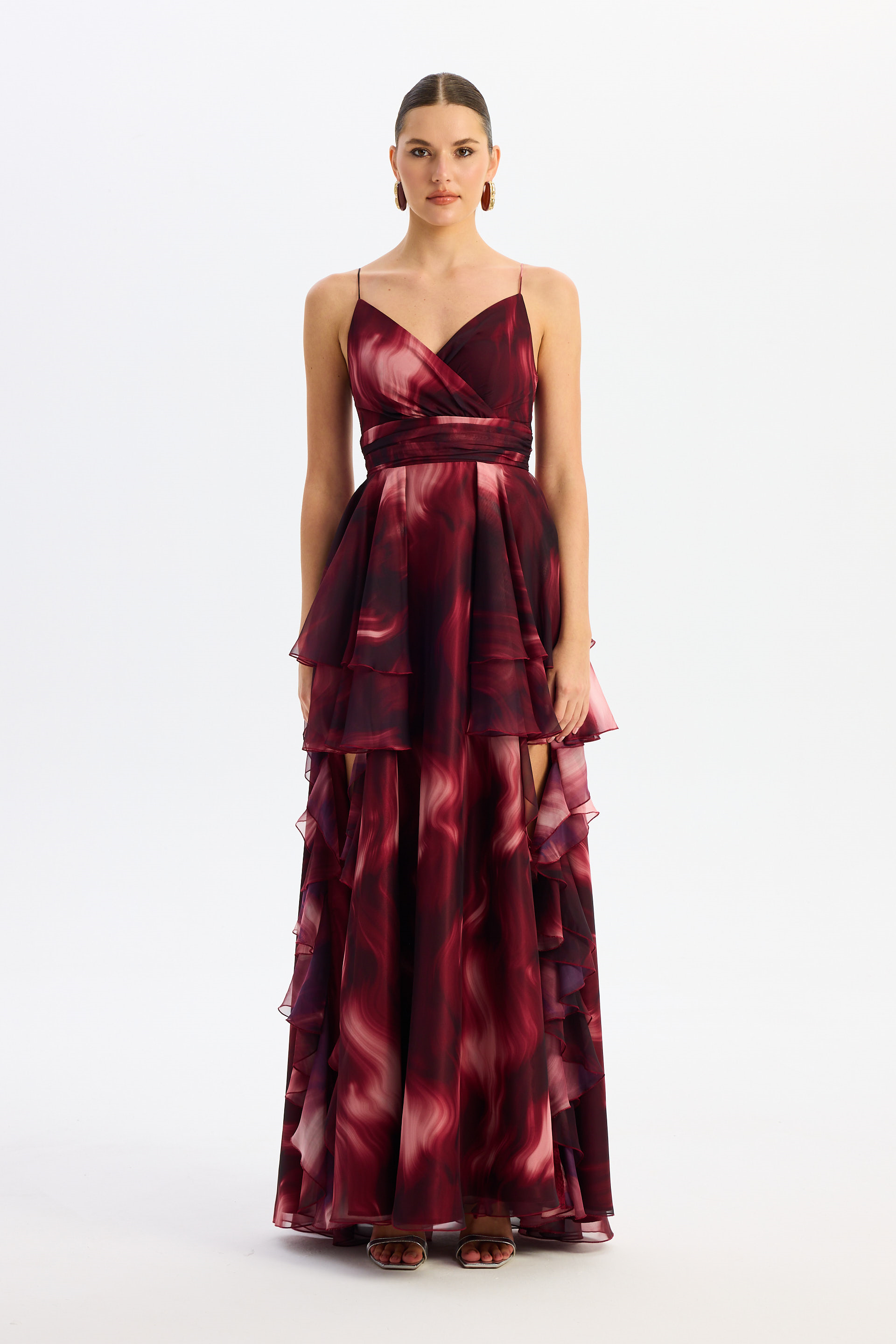 55886-3Eva FashionEva Fashion Bordo Askılı Yırtmaçlı Desenli Abiye Elbise