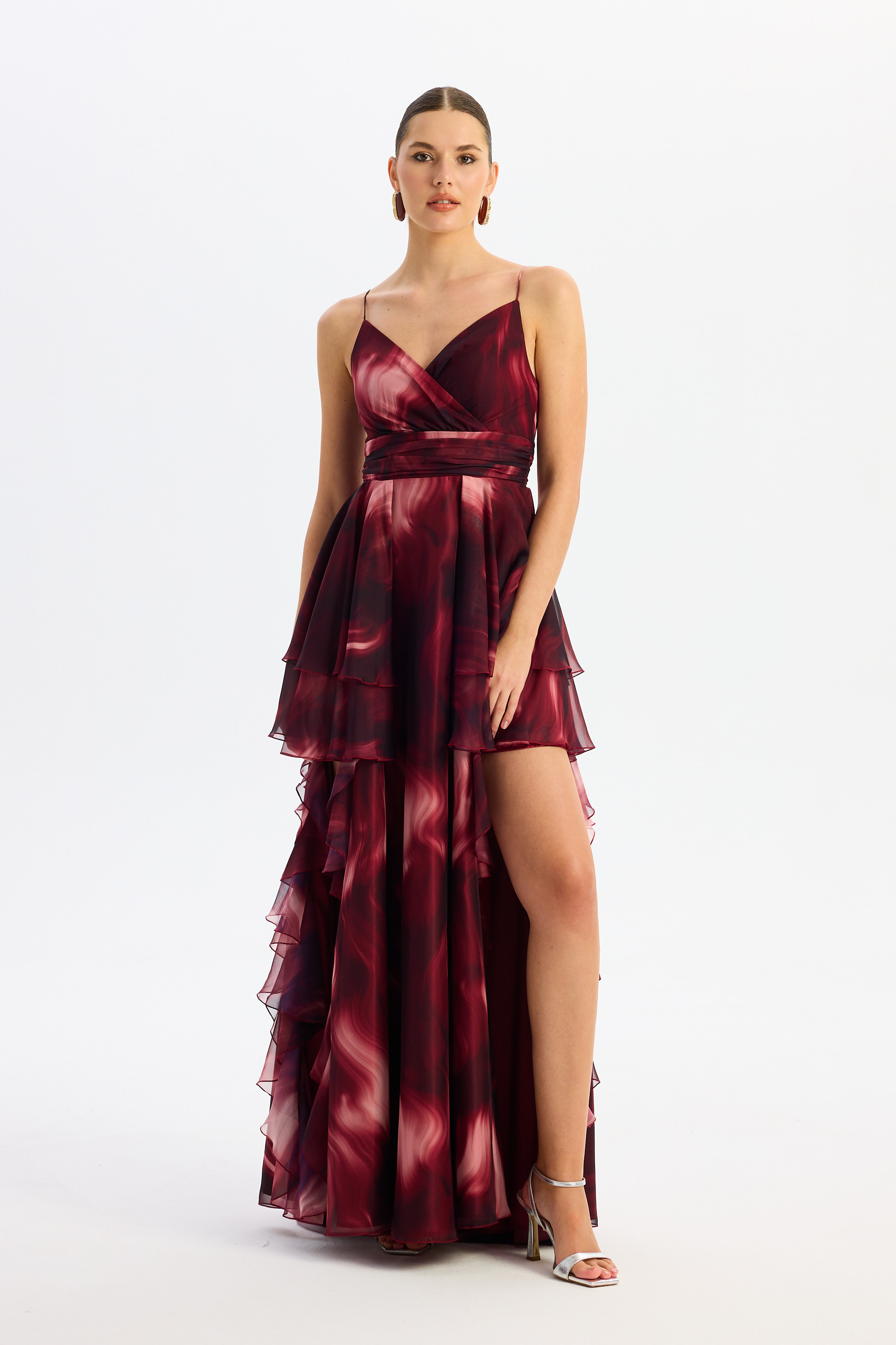55886-3Eva FashionEva Fashion Bordo Askılı Yırtmaçlı Desenli Abiye Elbise