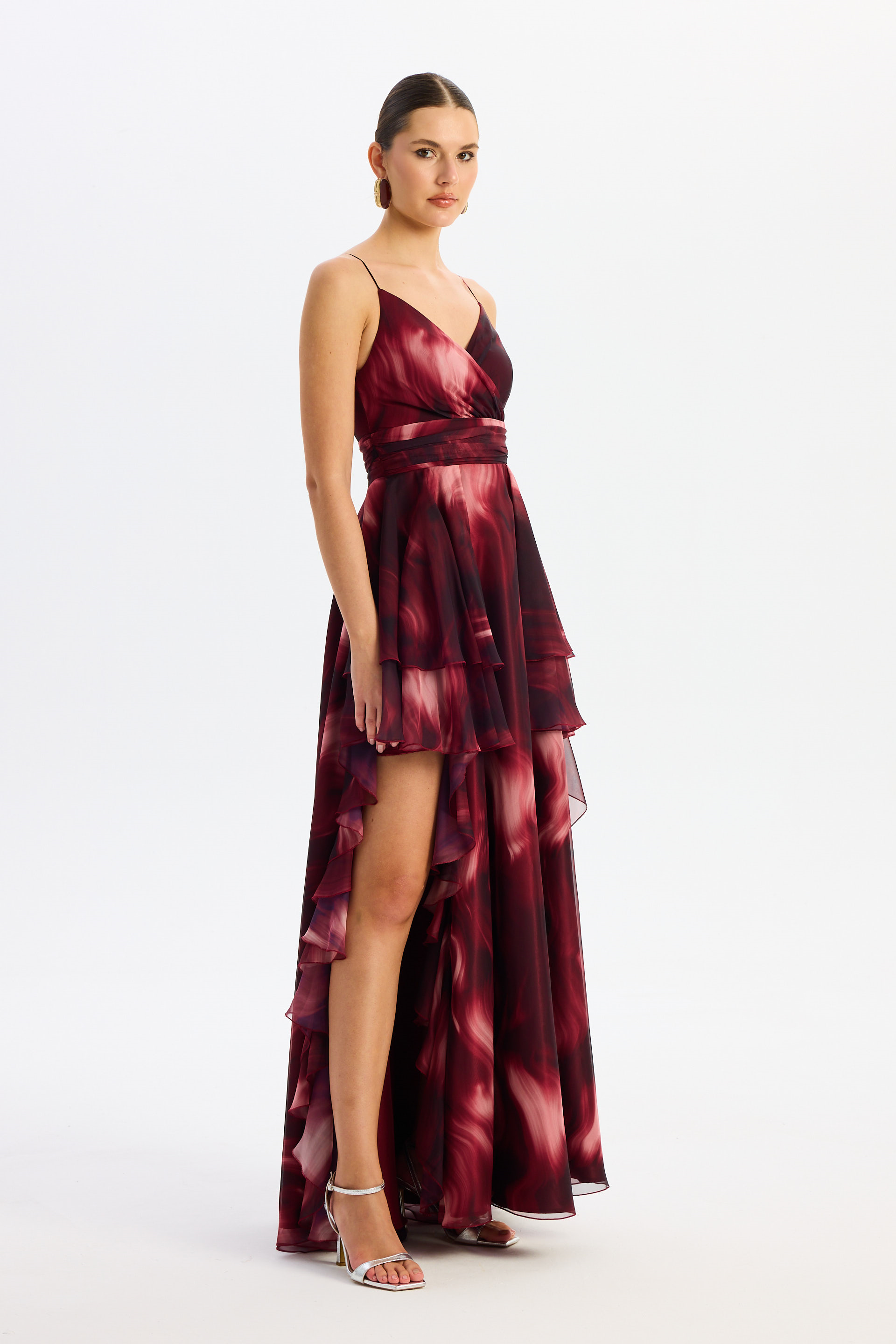 55886-3Eva FashionEva Fashion Bordo Askılı Yırtmaçlı Desenli Abiye Elbise