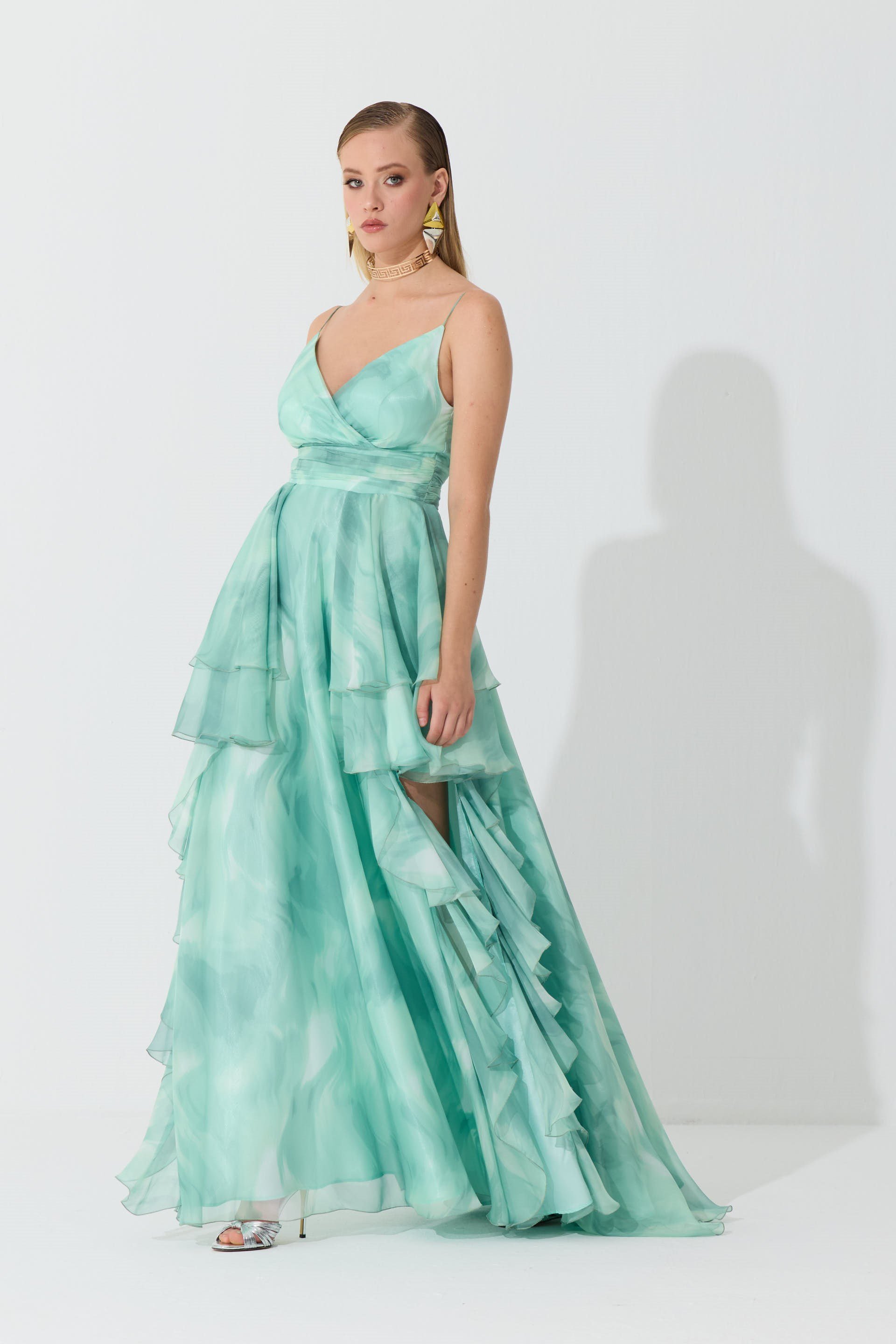 55886-86Eva FashionEva Fashion Çağla Askılı Yırtmaçlı Desenli Abiye Elbise