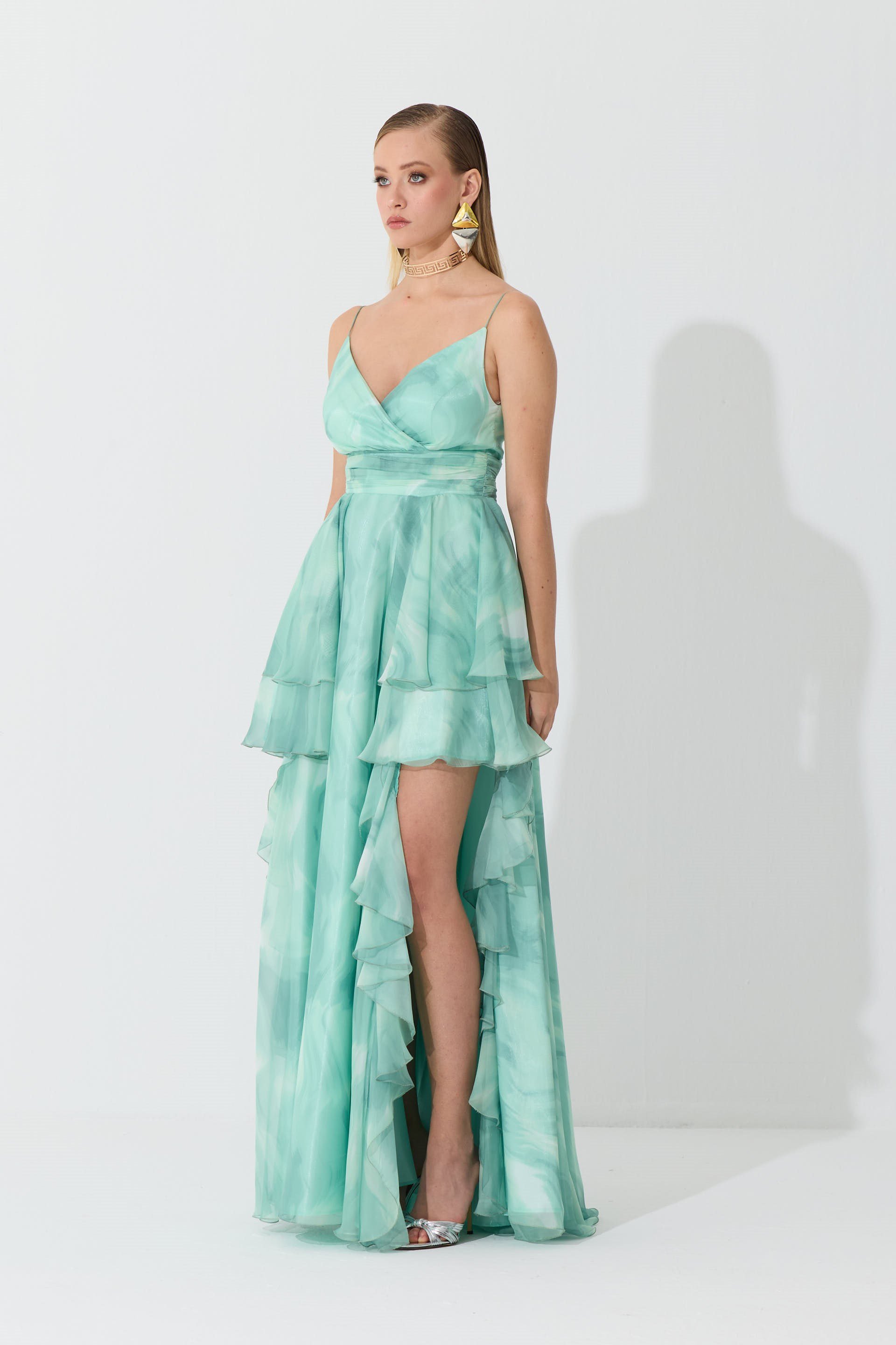 55886-86Eva FashionEva Fashion Çağla Askılı Yırtmaçlı Desenli Abiye Elbise