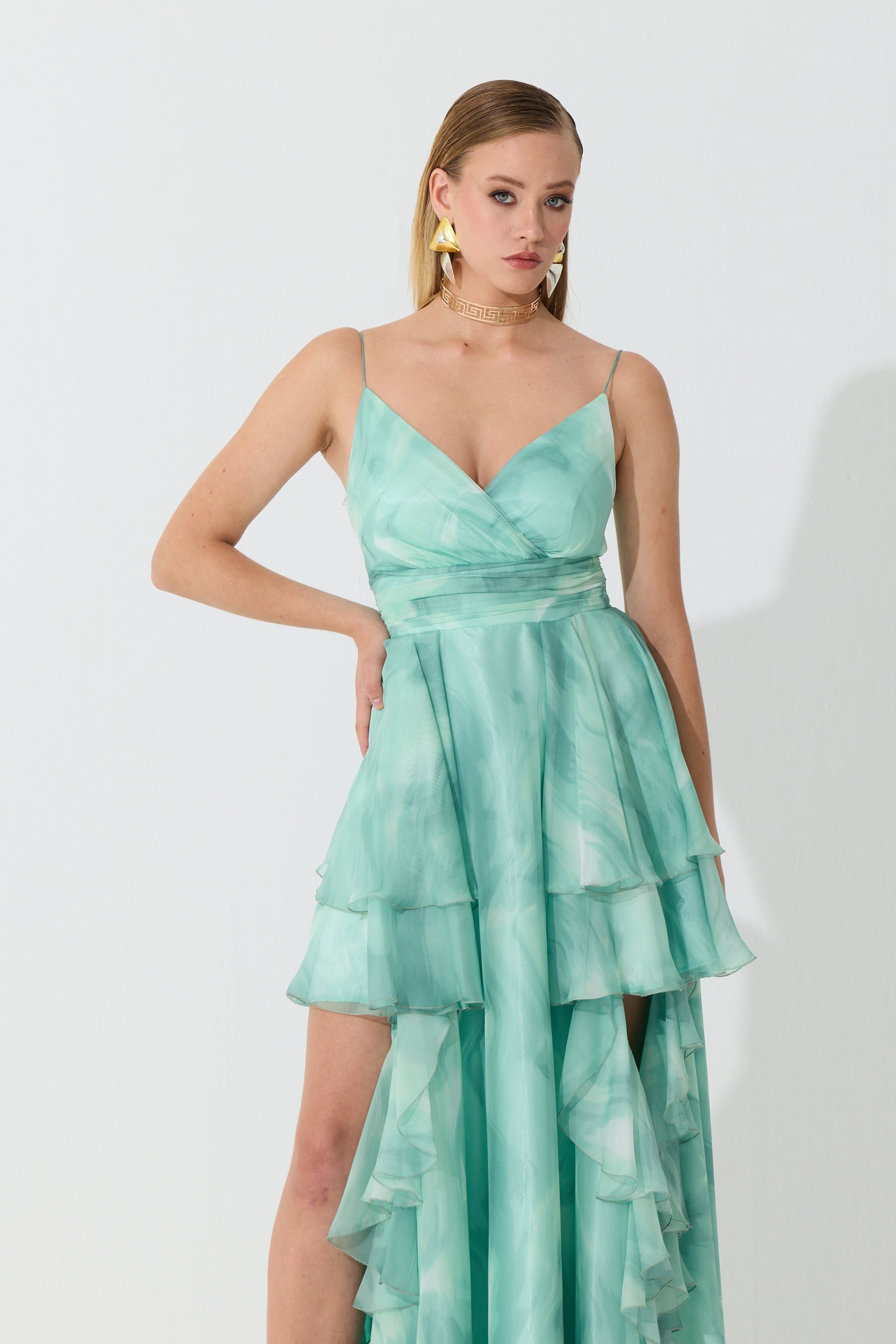 55886-86Eva FashionEva Fashion Çağla Askılı Yırtmaçlı Desenli Abiye Elbise