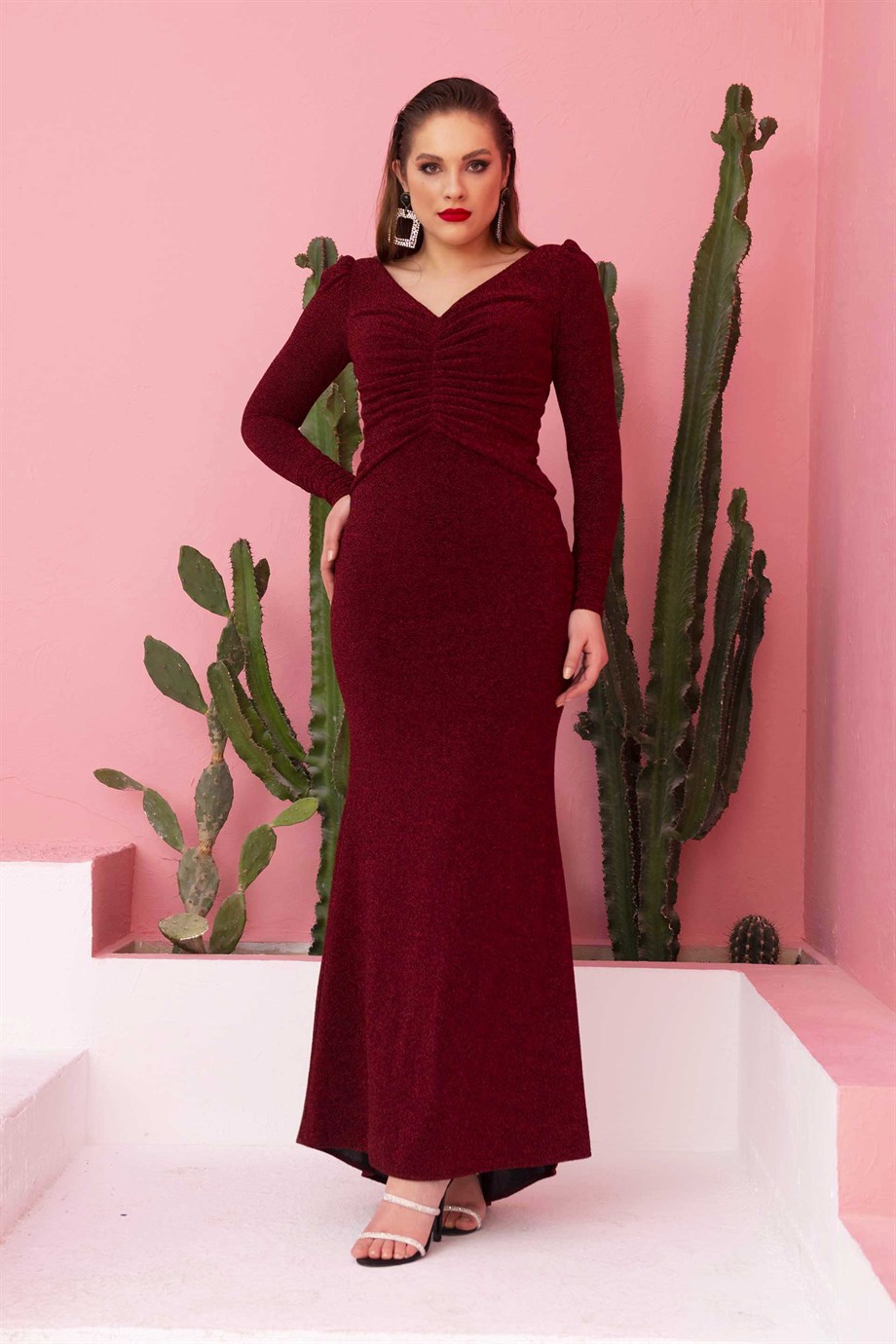 55972-3SimmoreSimmore Bordo Simli Örme Uzun Abiye Elbise