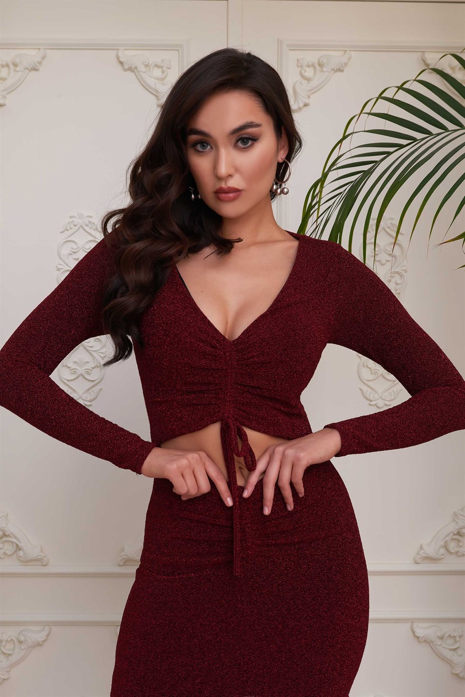 55976-3SimmoreSimmore Bordo Örme Önü Dekolteli Kısa Abiye Elbise