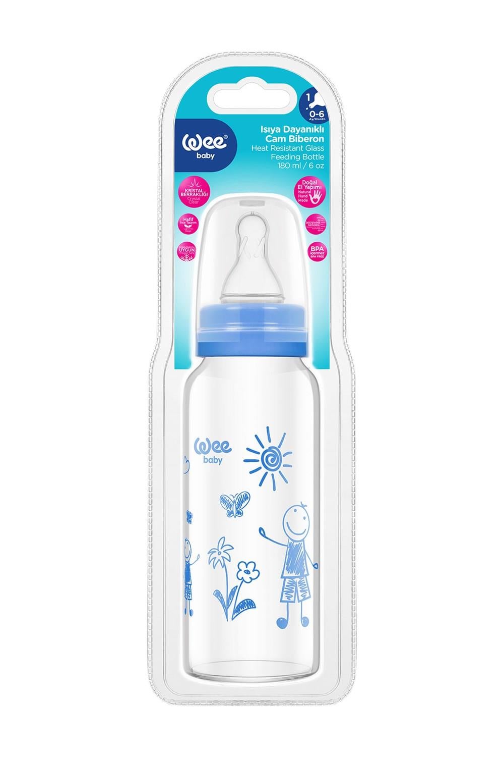 Wee Baby Isıya Dayanıklı Cam Biberon 180 ml - MAVİ