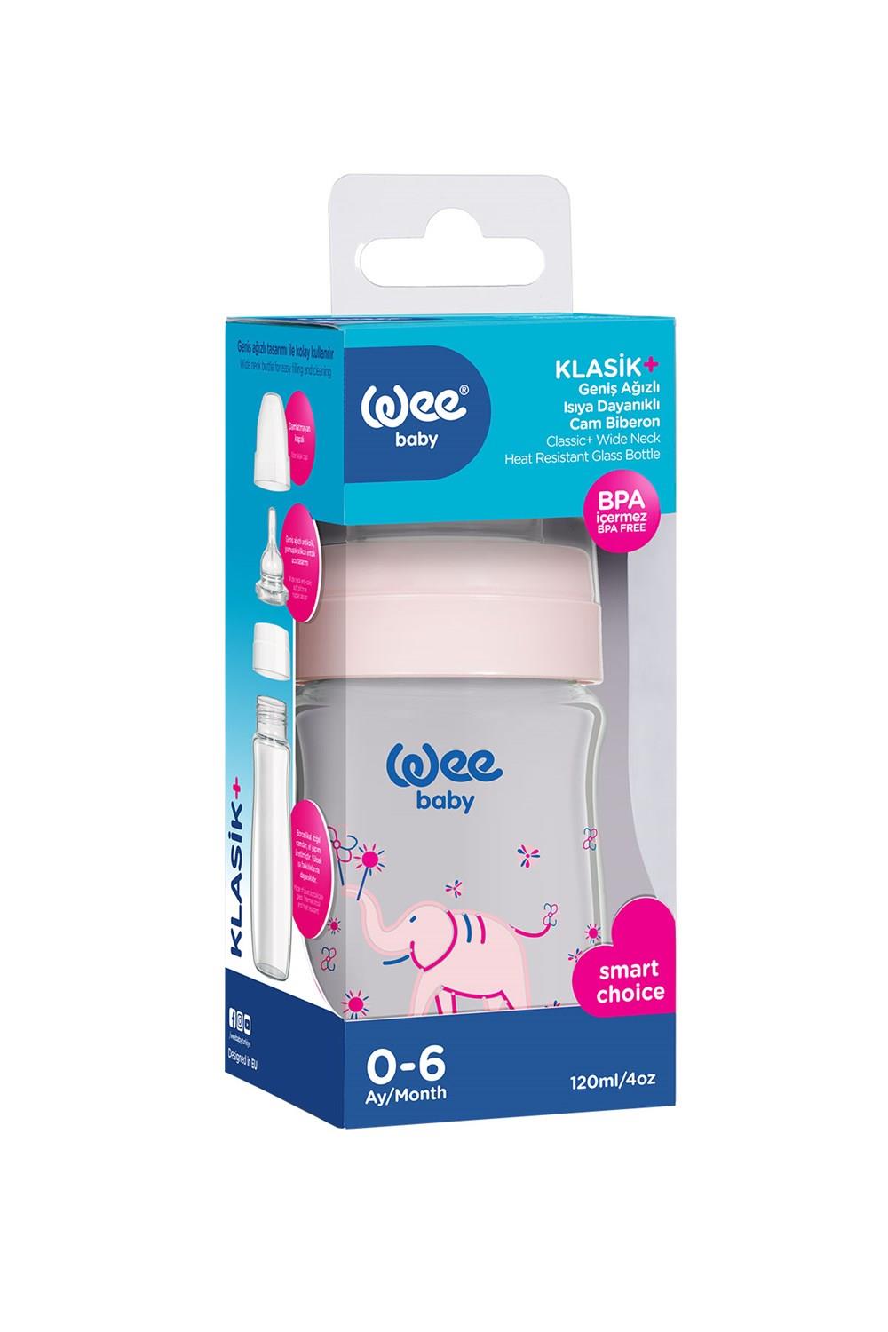Wee Baby Klasik Plus Geniş Ağızlı Isıya Dayanıklı Cam Biberon 120 ml - PEMBE