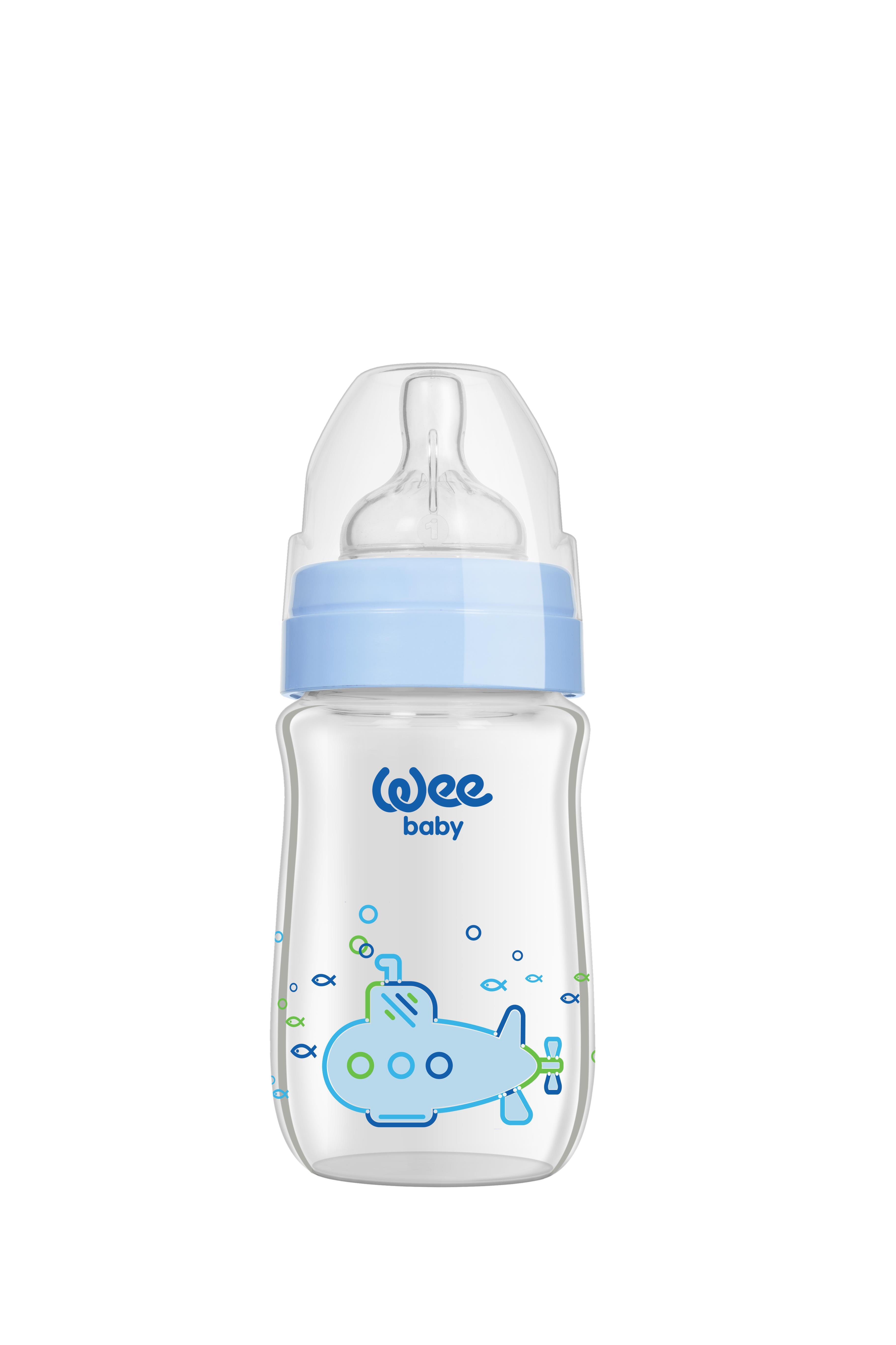 Wee Baby Klasik Plus Geniş Ağızlı Isıya Dayanıklı Cam Biberon 180 ml - MAVİ
